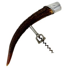 Antique American Sterling Silver Mounted Antler Corkscrew, Circa 1910-1920's.