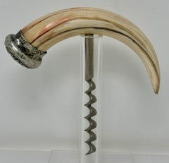 Antique American Sterling Silver Mounted Boar's Tusk Corkscrew, Circa 1890-1910.