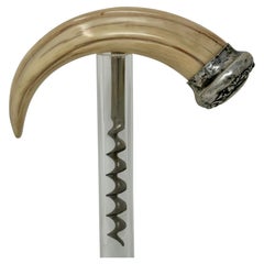 Antique American Sterling Silver Mounted Boar's Tusk Corkscrew, Circa 1890-1910.
