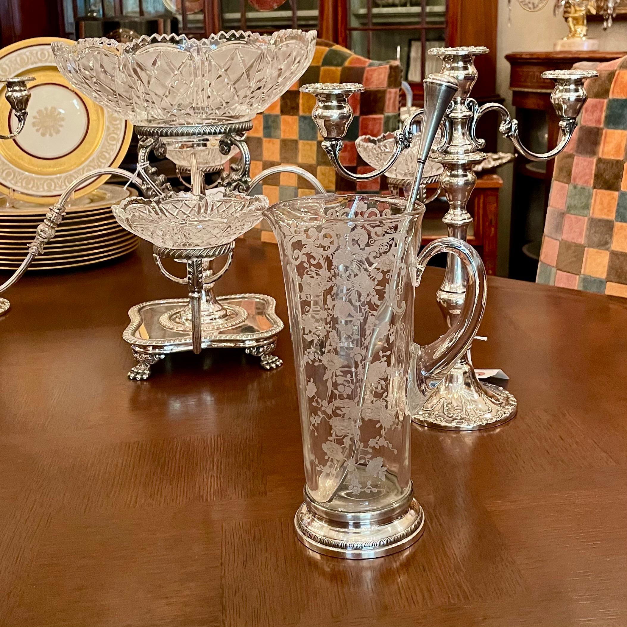 Antique American Sterling Silver Mounted Cut Crystal Cocktail Pitcher with Spoon 10