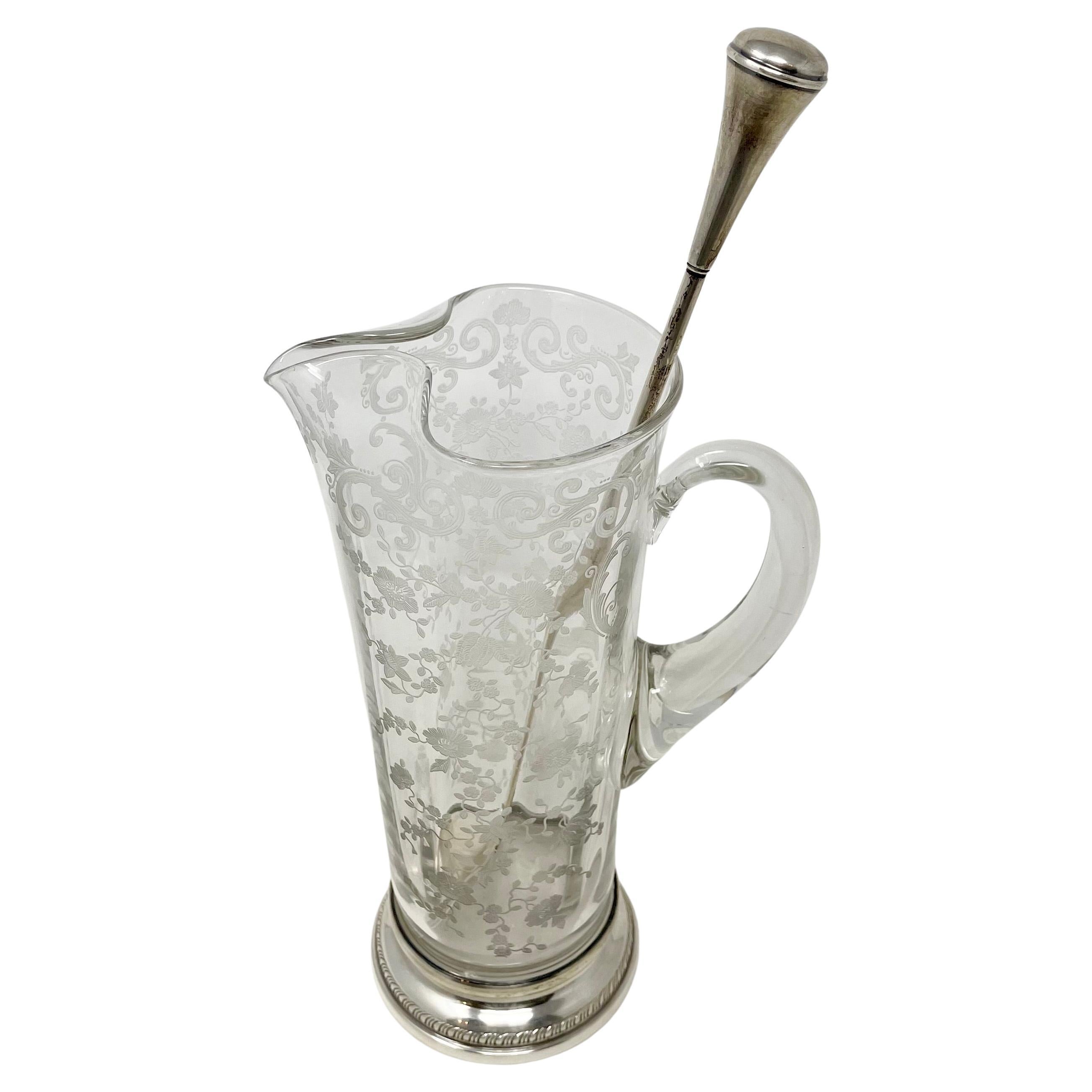 Antique American Sterling Silver Mounted Cut Crystal Cocktail Pitcher with Spoon In Good Condition In New Orleans, LA