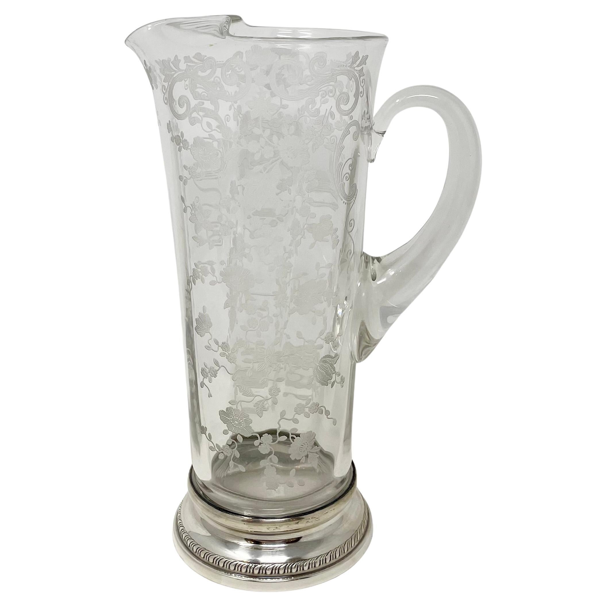 20th Century Antique American Sterling Silver Mounted Cut Crystal Cocktail Pitcher with Spoon