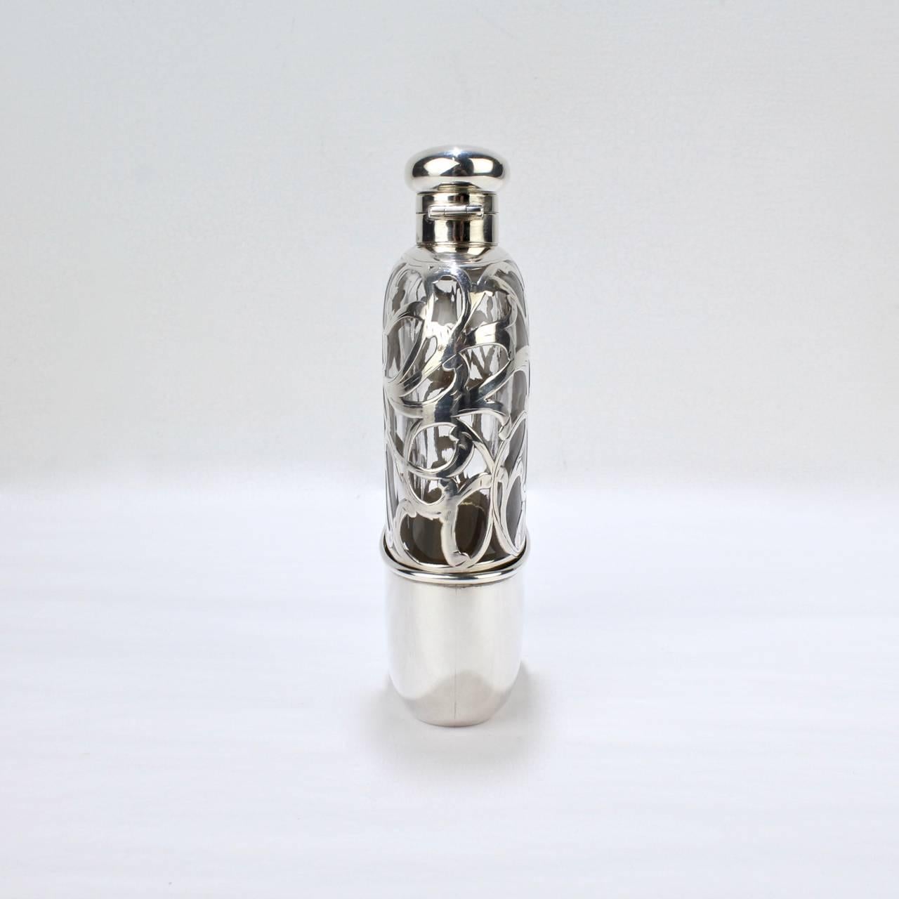 Art Nouveau Antique American Sterling Silver Overlay and Glass Hip or Pocket Spirits Flask