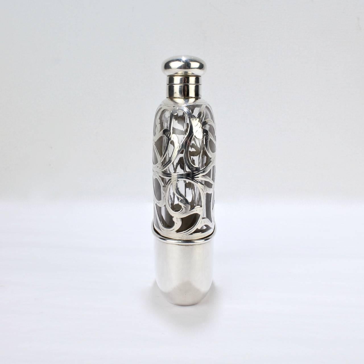 Antique American Sterling Silver Overlay and Glass Hip or Pocket Spirits Flask In Good Condition In Philadelphia, PA
