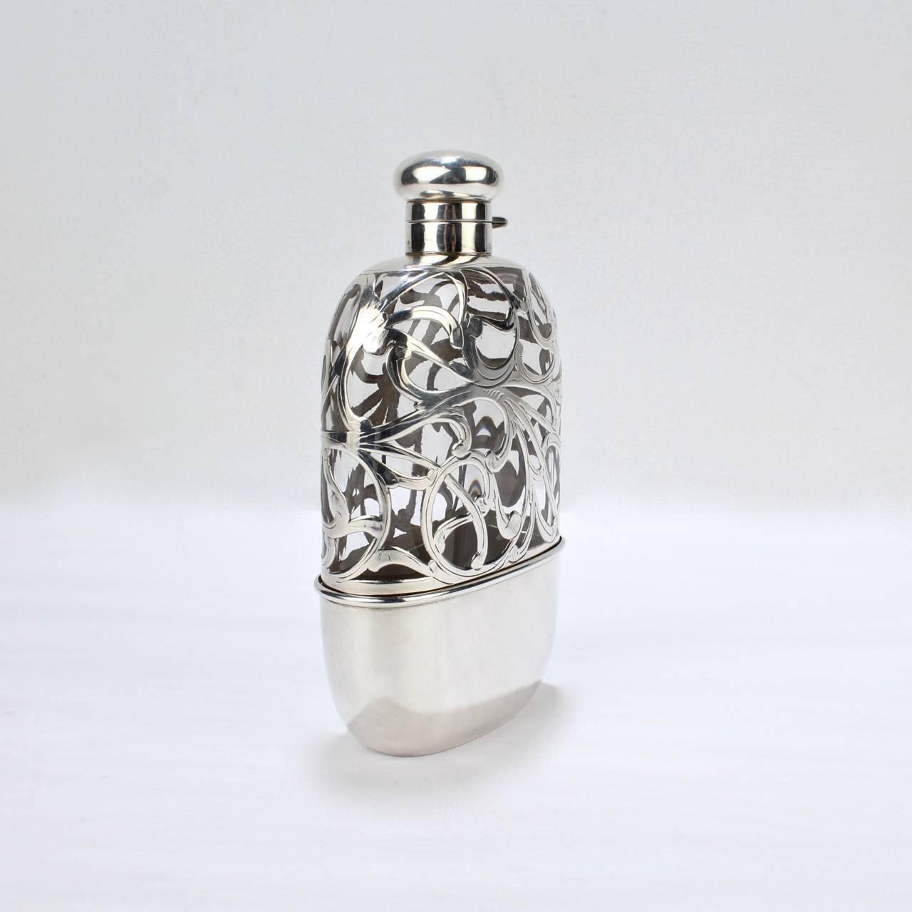 Antique American Sterling Silver Overlay and Glass Hip or Pocket Spirits Flask 1