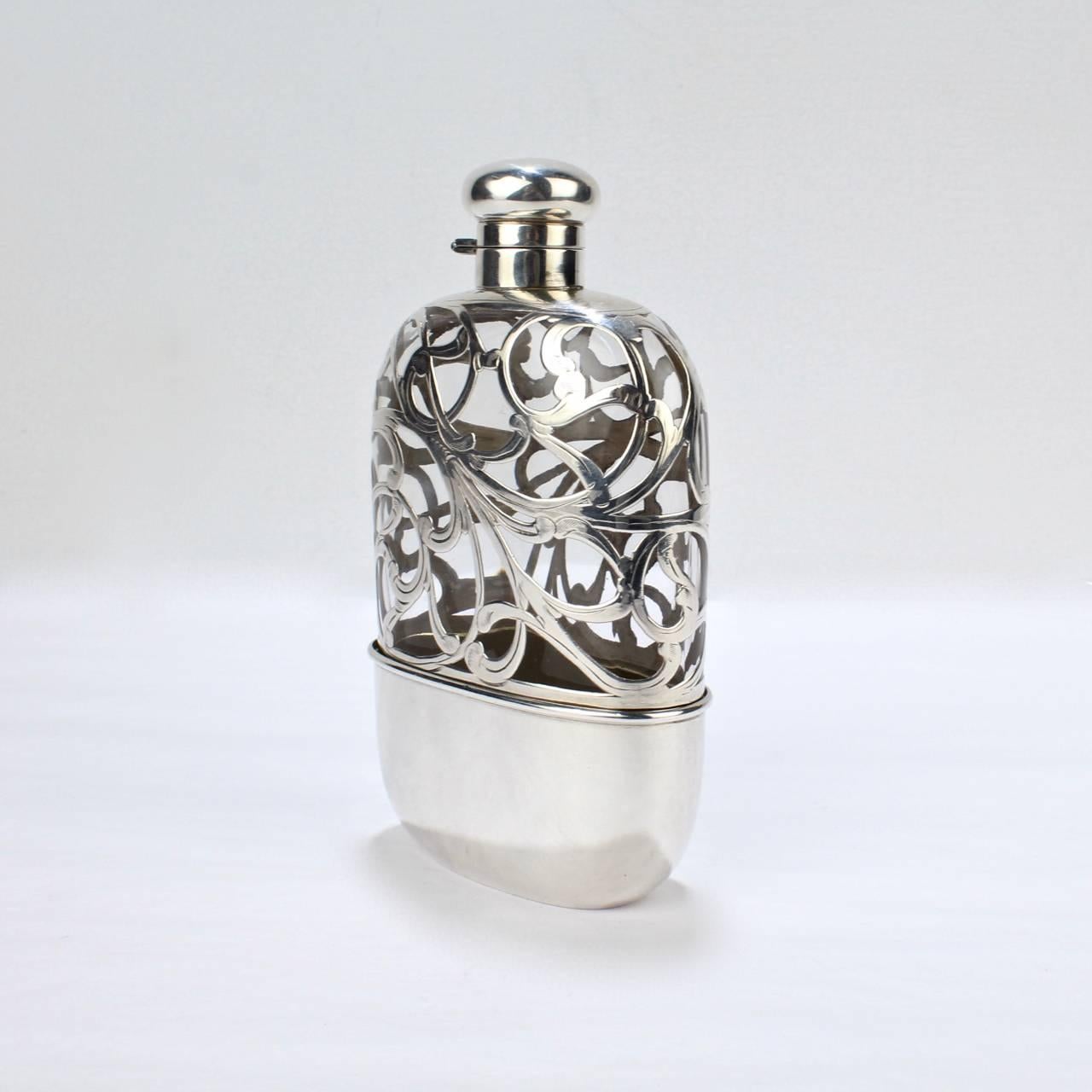 Antique American Sterling Silver Overlay and Glass Hip or Pocket Spirits Flask 2