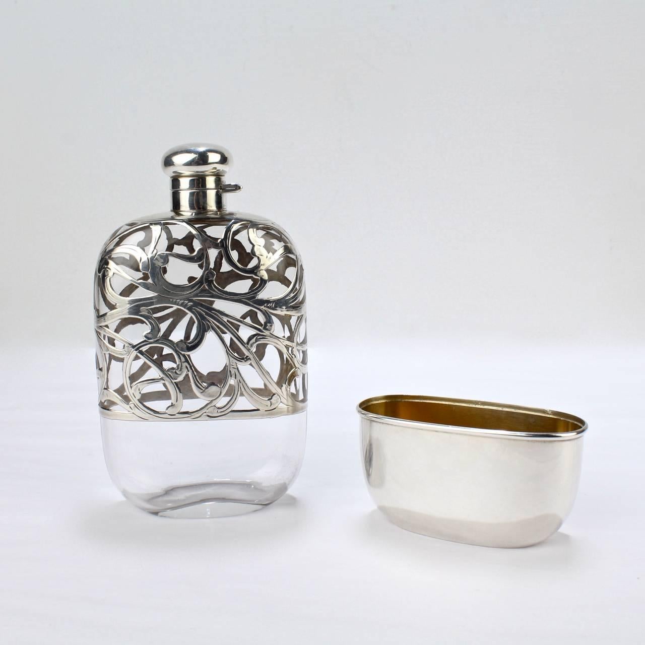 Antique American Sterling Silver Overlay and Glass Hip or Pocket Spirits Flask 3