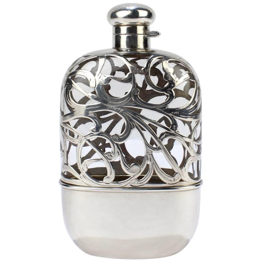 Antique American Sterling Silver Overlay and Glass Hip or Pocket Spirits Flask