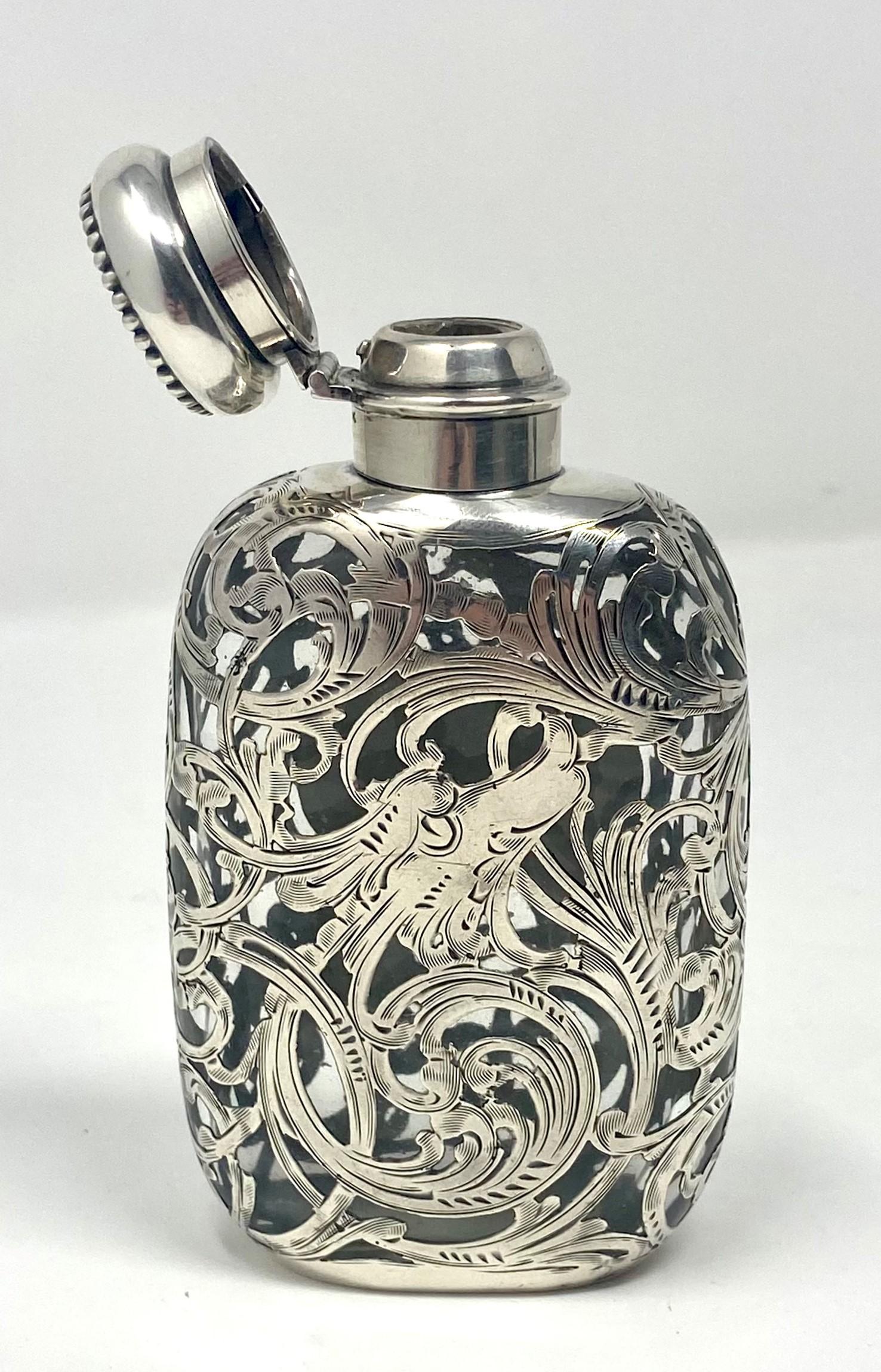 Fine antique American sterling silver overlay flask, circa 1900.