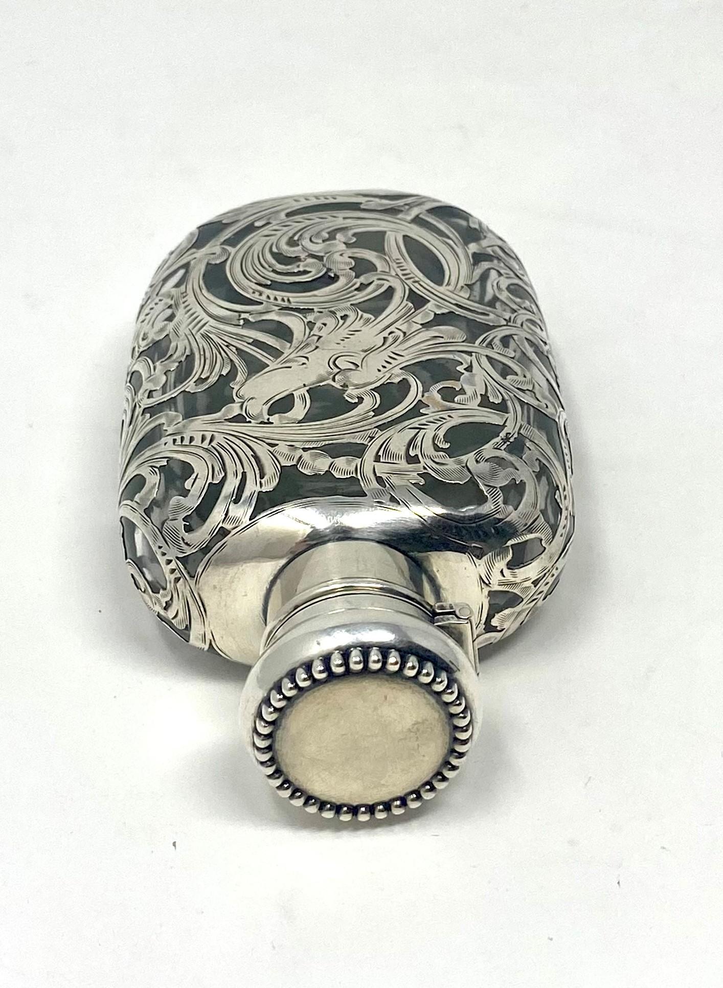 20th Century Antique American Sterling Silver Overlay Flask, circa 1900