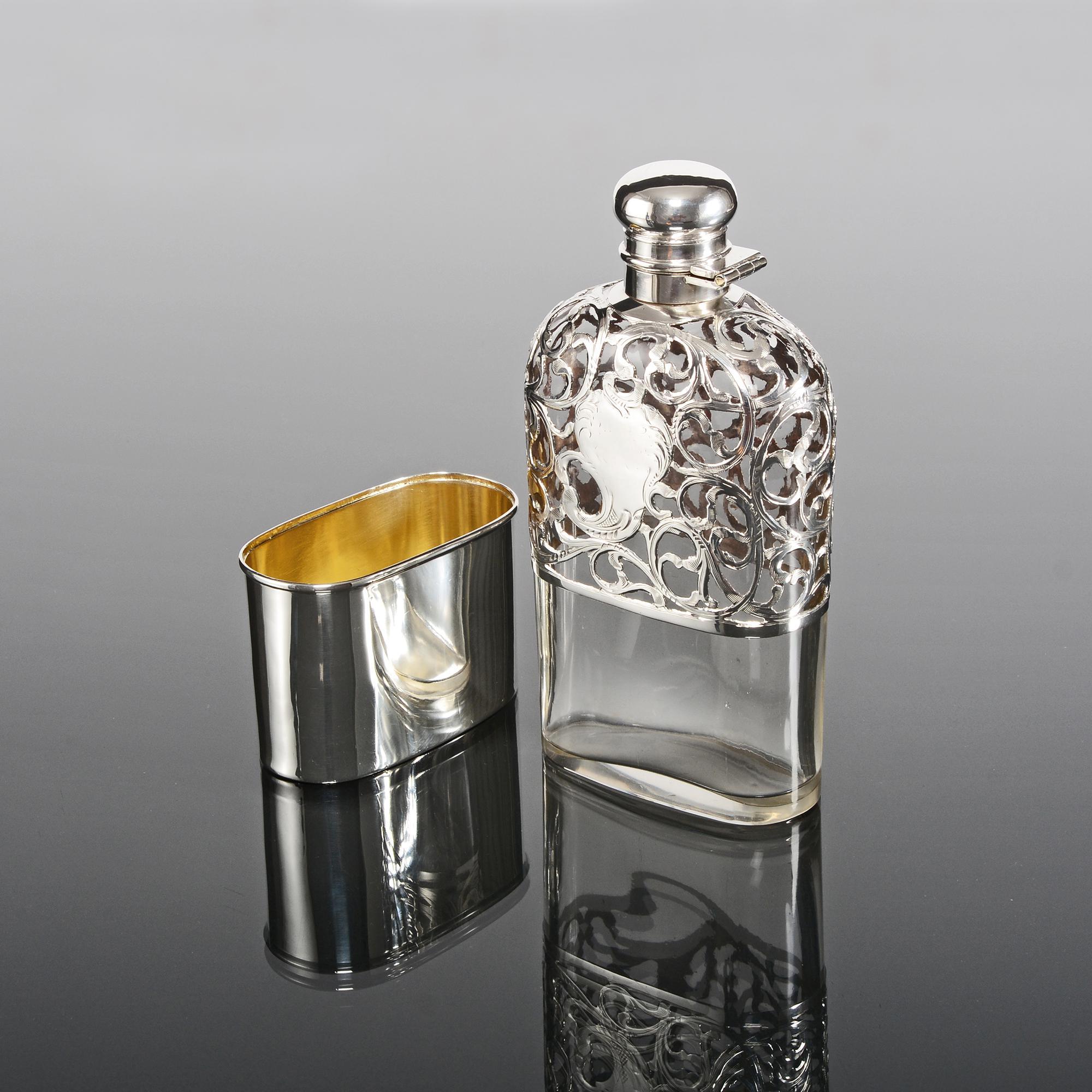 Central American Antique American sterling silver overlay hip flask For Sale