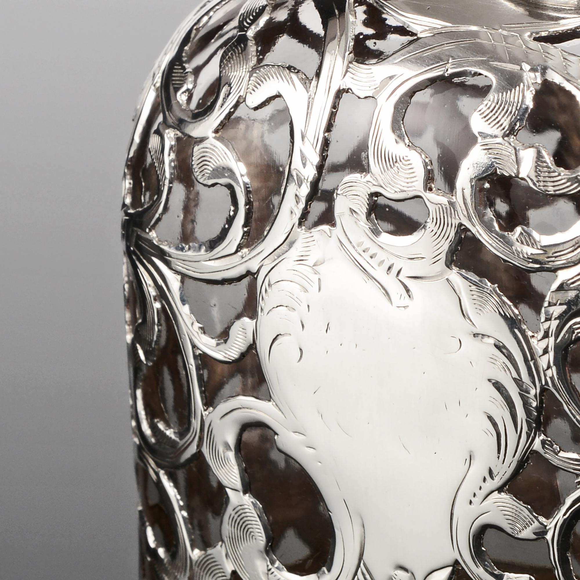 Antique American sterling silver overlay hip flask In Good Condition For Sale In London, GB