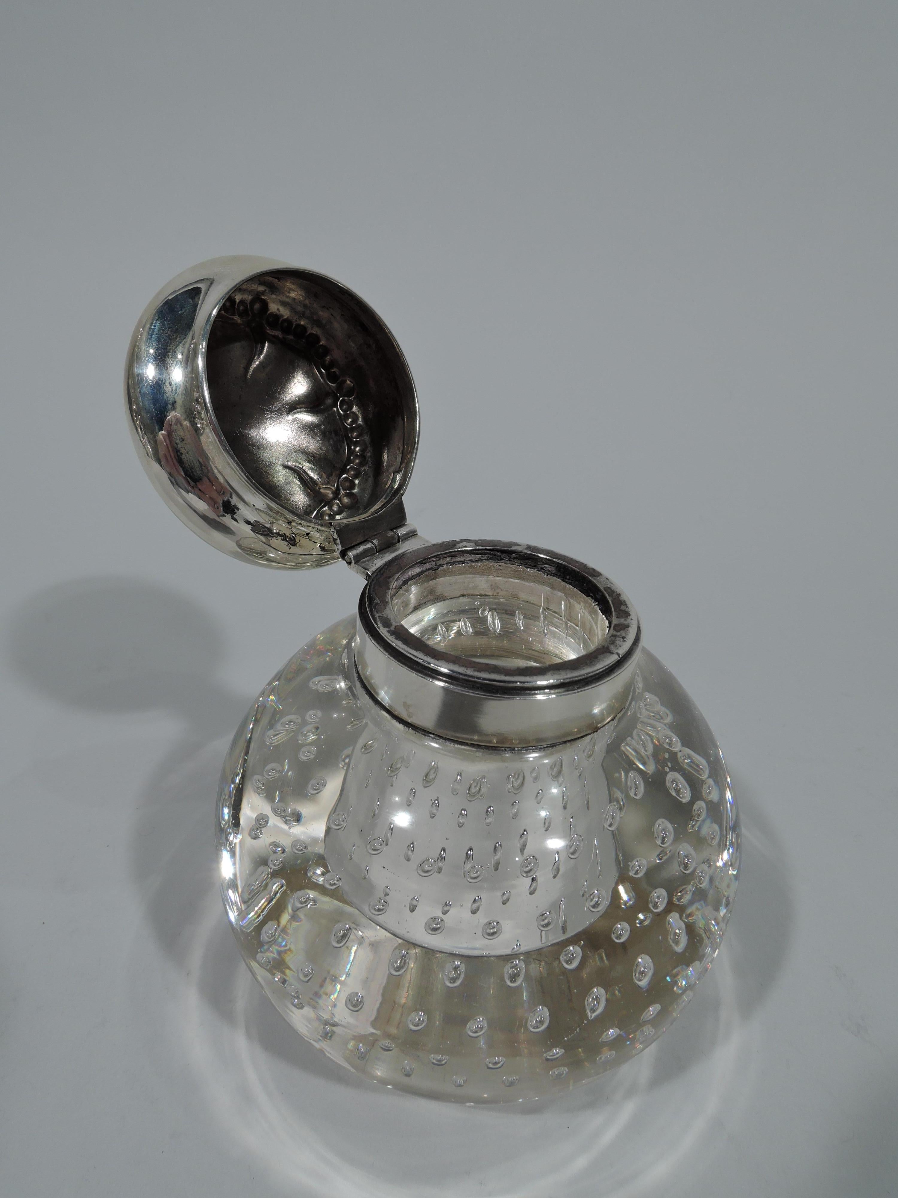 Art Nouveau Antique American Sterling Silver and Pairpoint Glass Inkwell