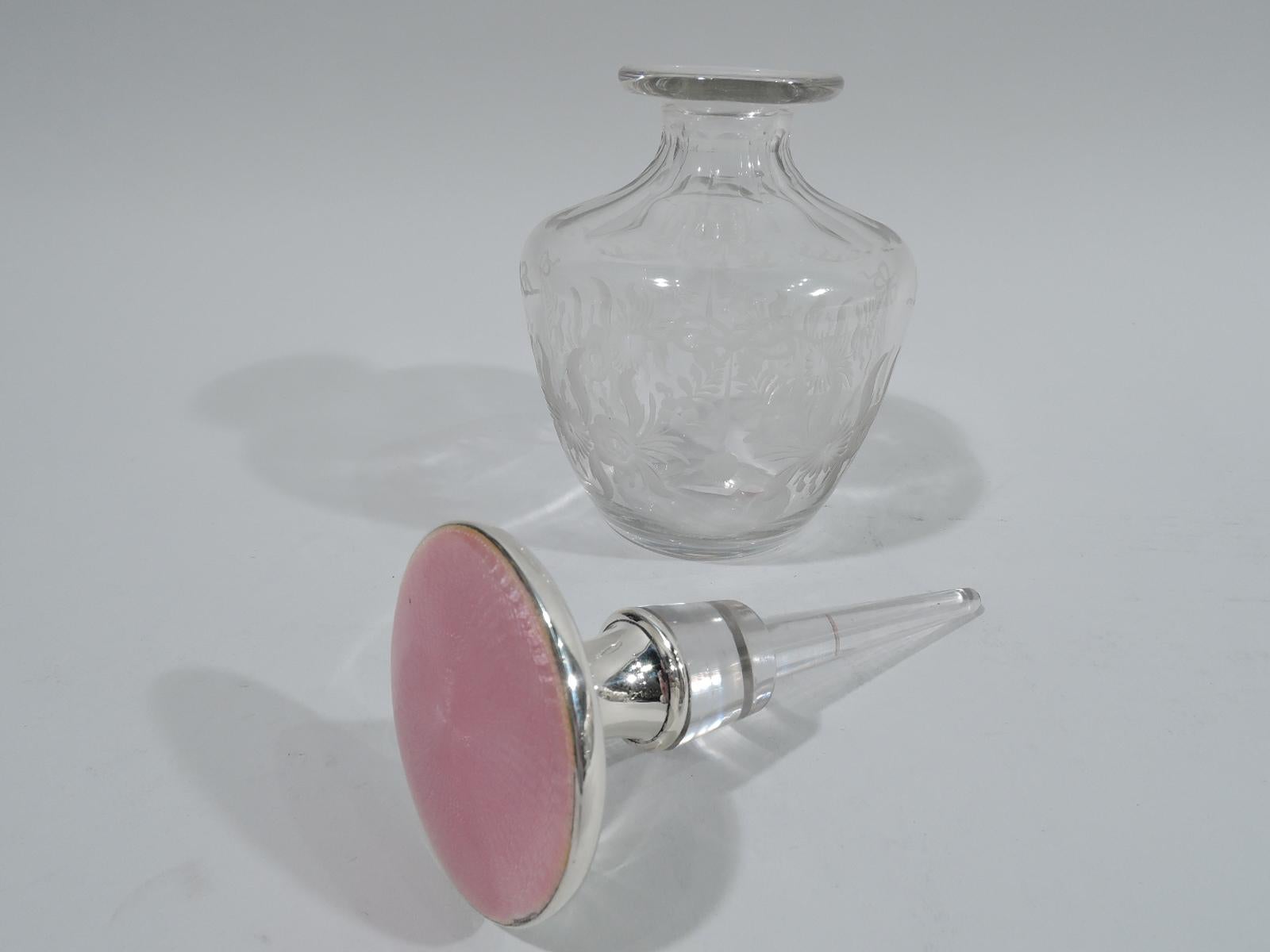 Edwardian Antique American Sterling Silver & Pink Enamel Perfume Bottle