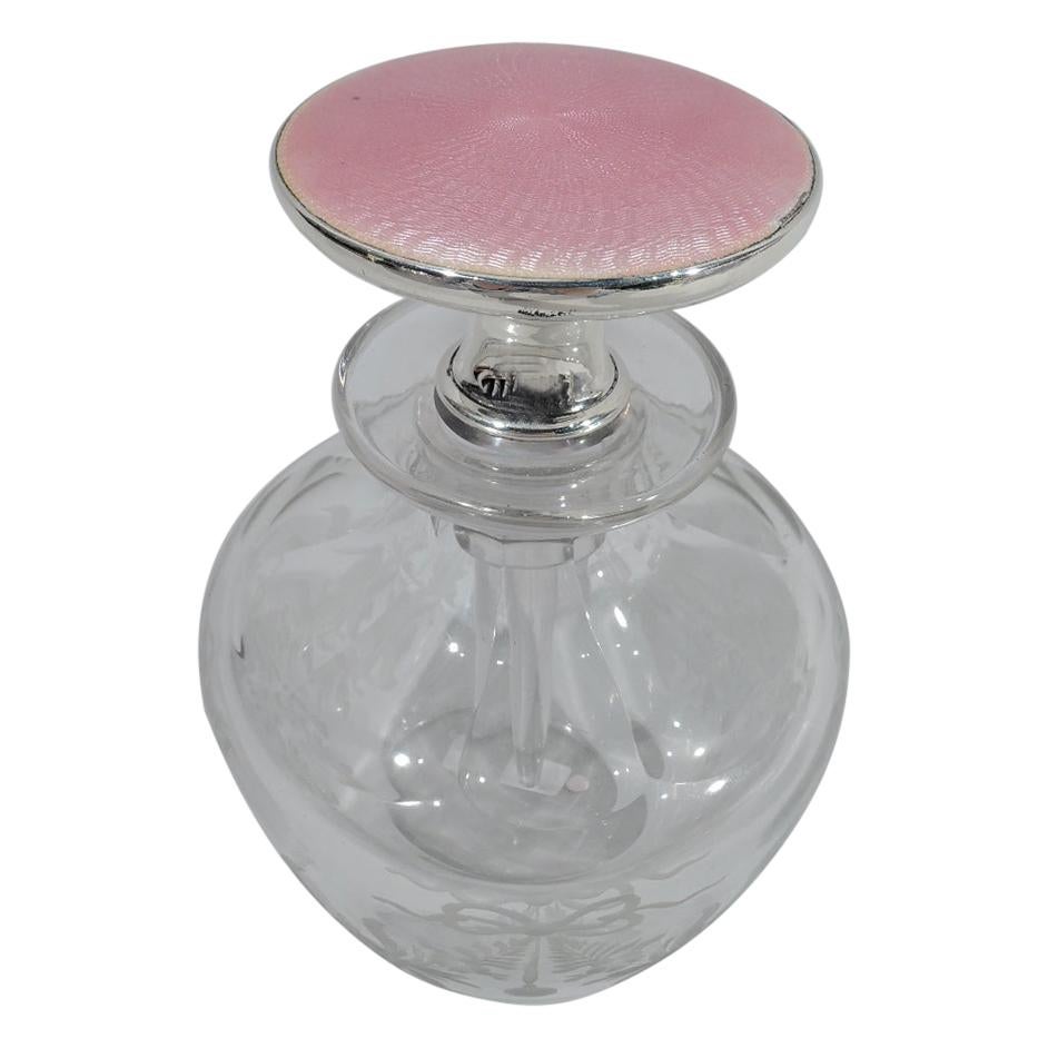 Antique American Sterling Silver & Pink Enamel Perfume Bottle