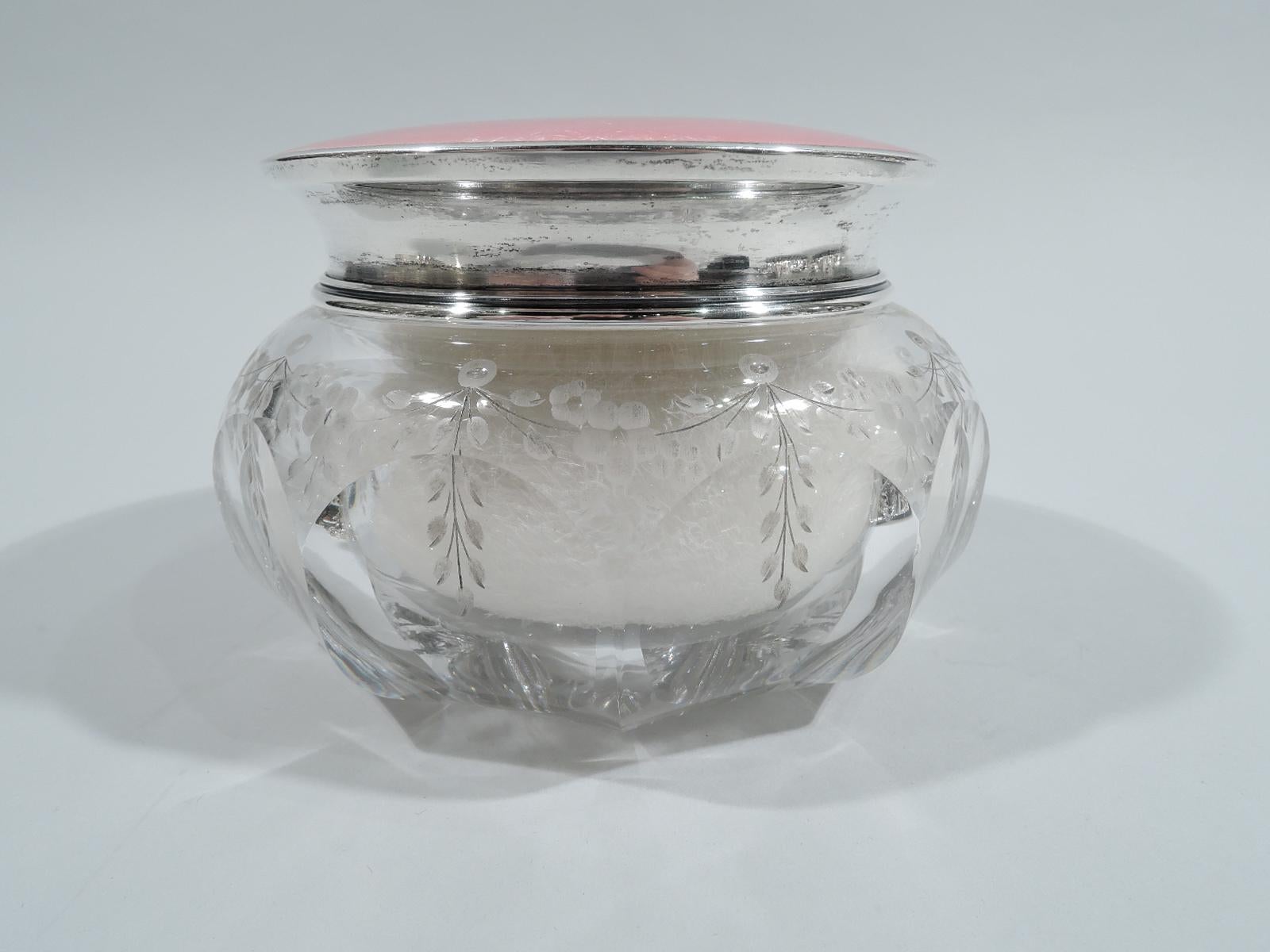 Edwardian Antique American Sterling Silver & Pink Enamel Powder Jar by Kerr