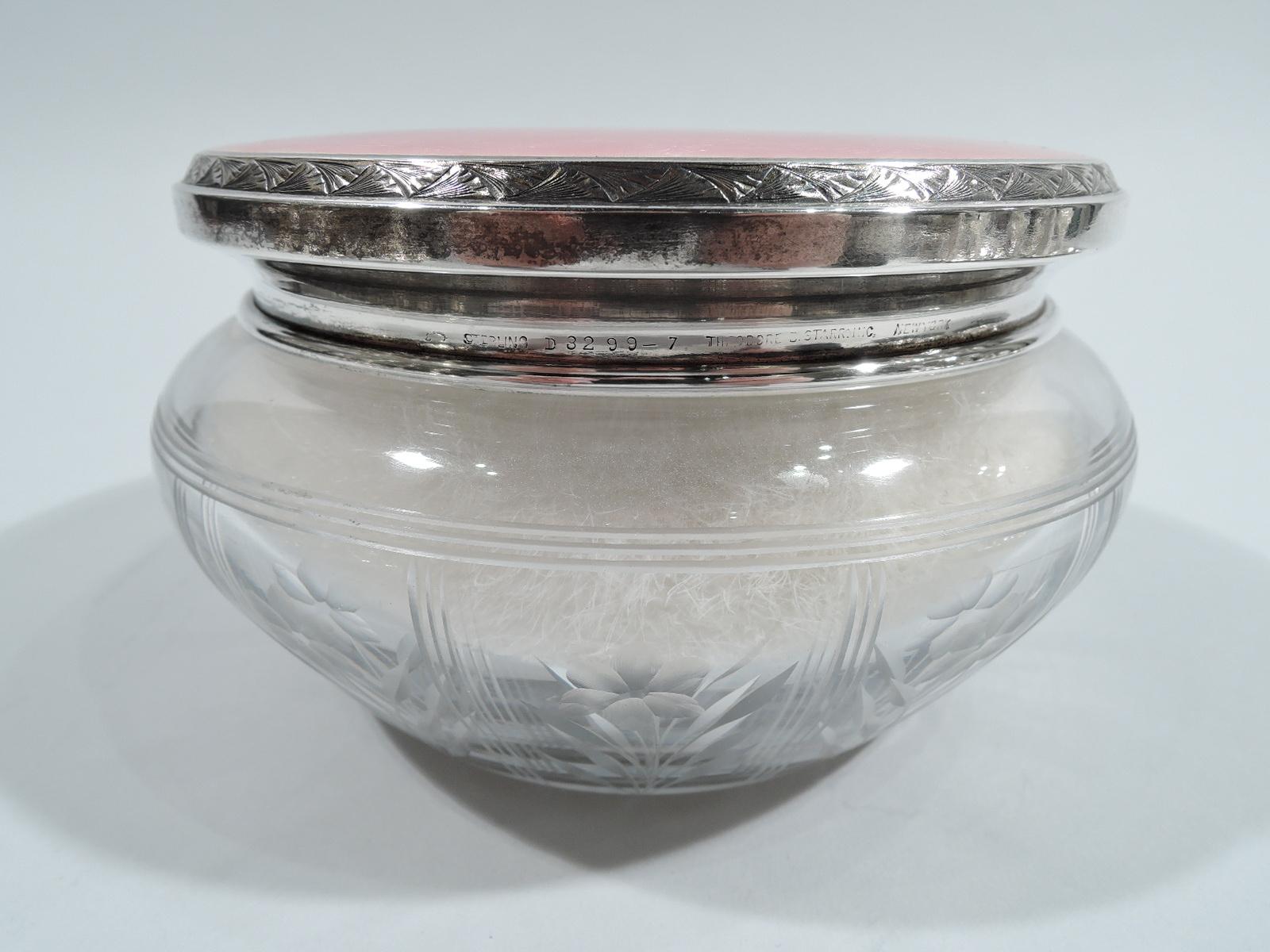 Edwardian Antique American Sterling Silver & Pink Enamel Powder Jar by Kerr