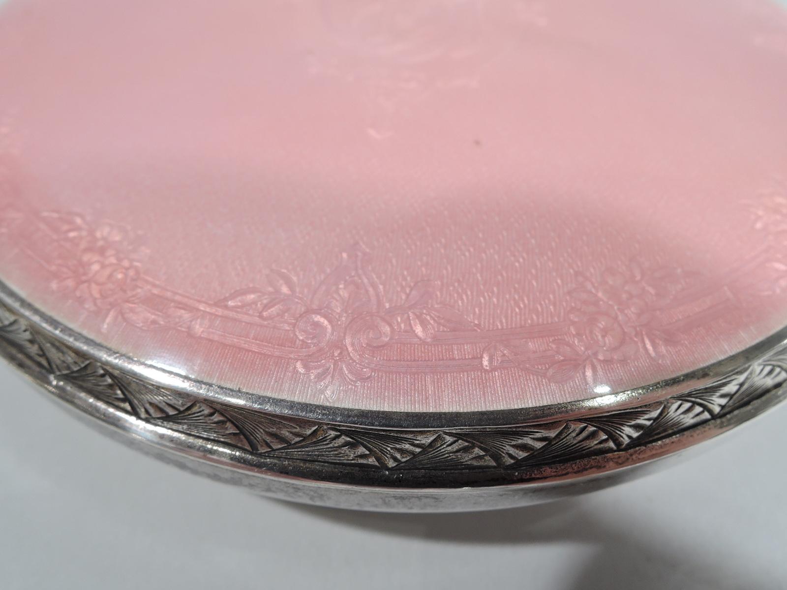 Antique American Sterling Silver & Pink Enamel Powder Jar by Kerr In Excellent Condition In New York, NY