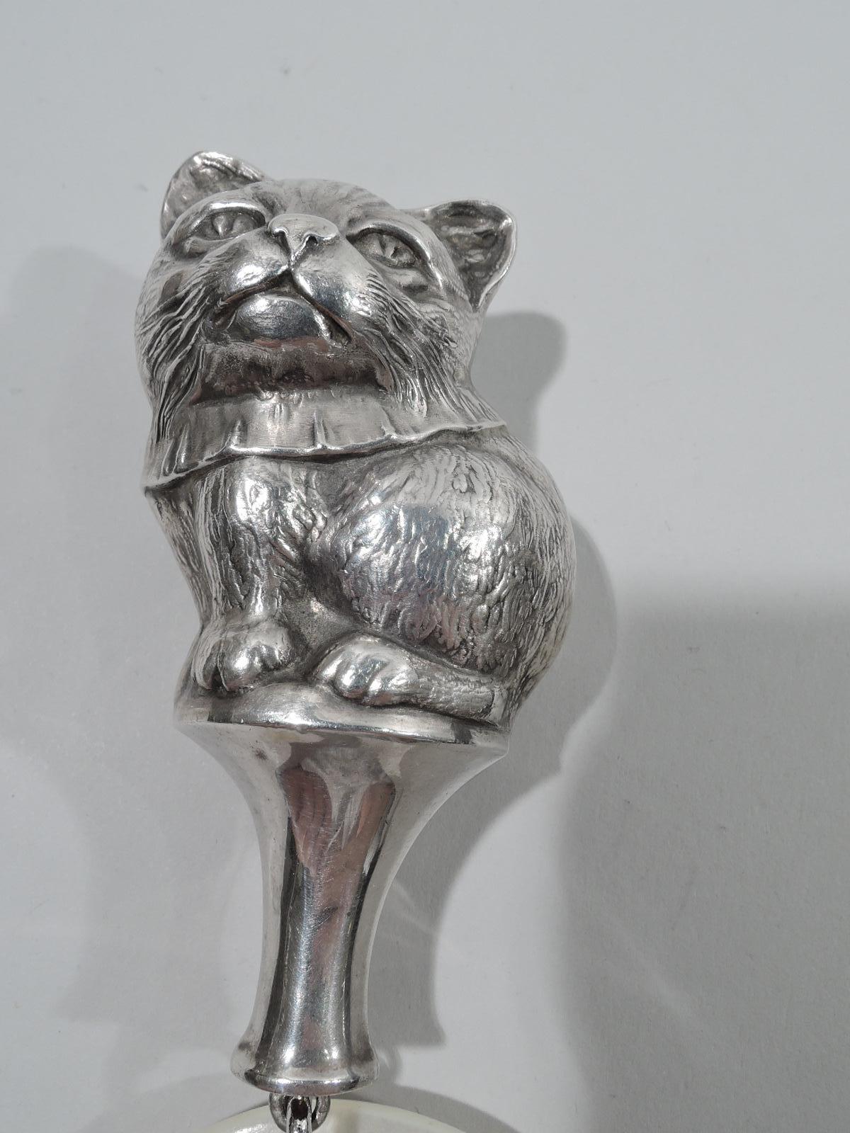 Edwardian Antique American Sterling Silver Rattle with Kitty Sitting Pretty