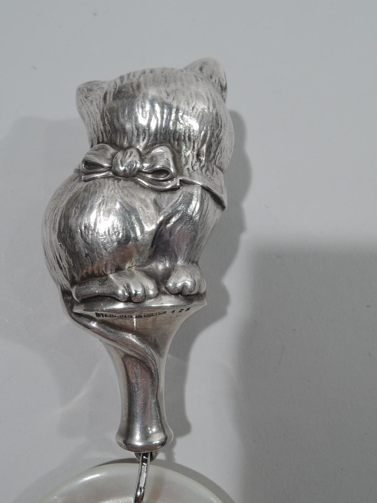 Antique American Sterling Silver Rattle with Kitty Sitting Pretty In Good Condition In New York, NY