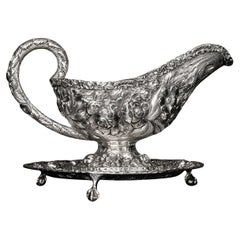 Antique American Sterling Silver Repousse Gravy Sauce Boat & Stand S. Kirk & Son