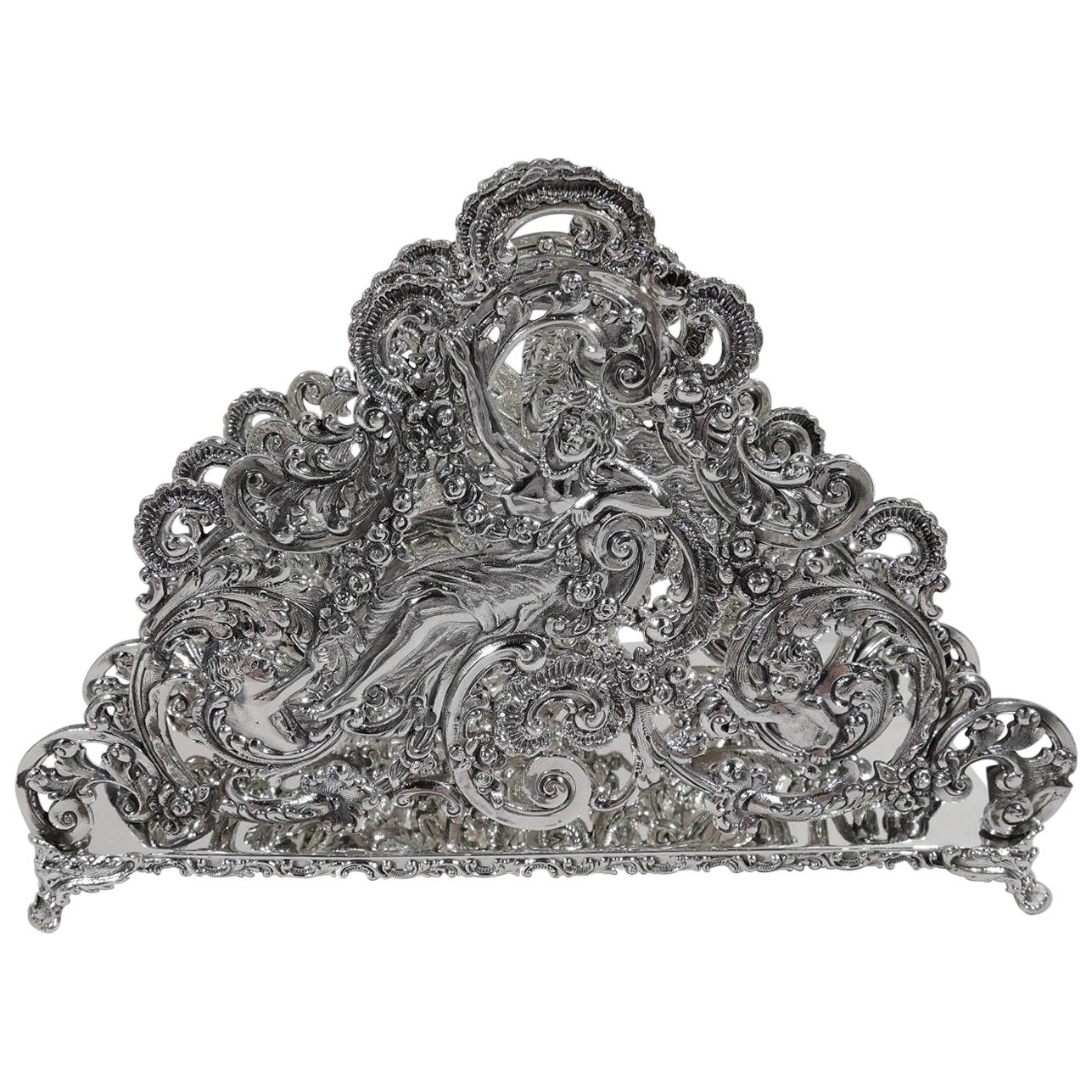 Antique American Sterling Silver Romantic Art Nouveau Rococo Letter Rack