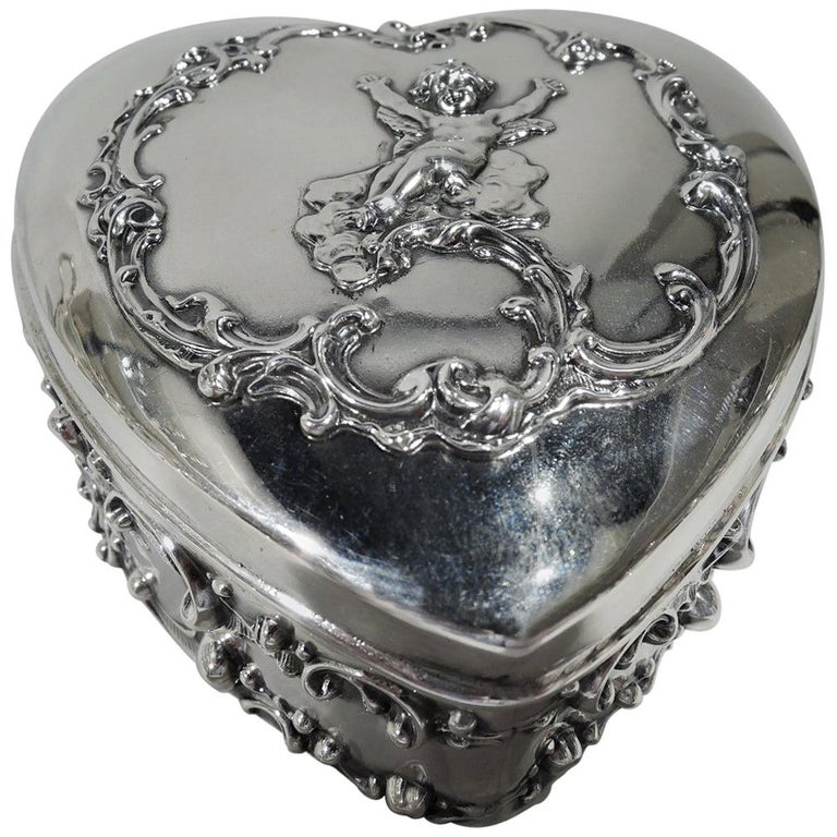 Antique American Sterling Silver Romantic Heart Jewelry Box For Sale at