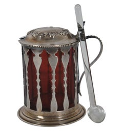 Antico vaso da condimento americano in argento sterling e vetro rubino 105 e cucchiaio 152g