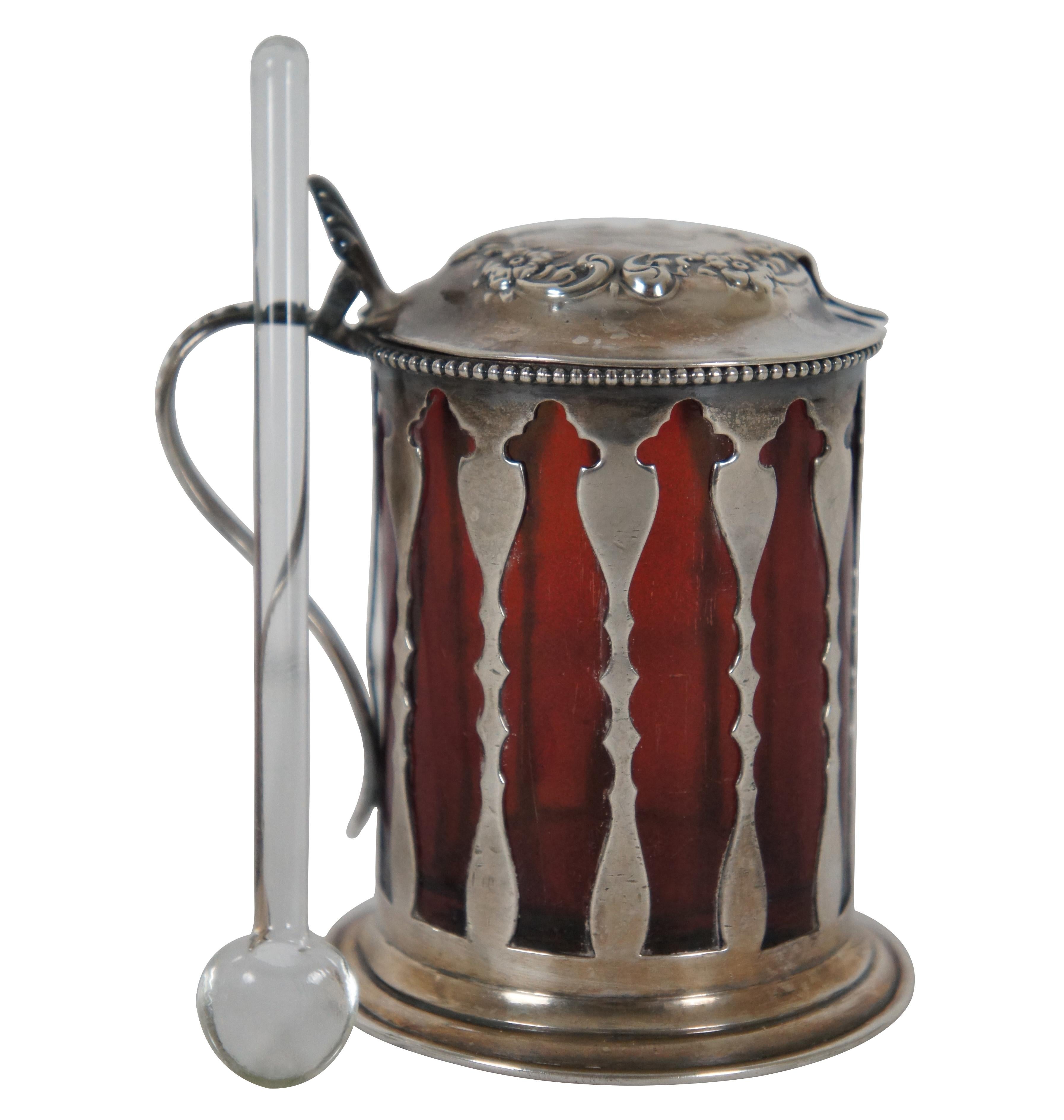 Victorien Ancien pot à condiments et cuillère en argent sterling américain et verre rubis 105 152g en vente