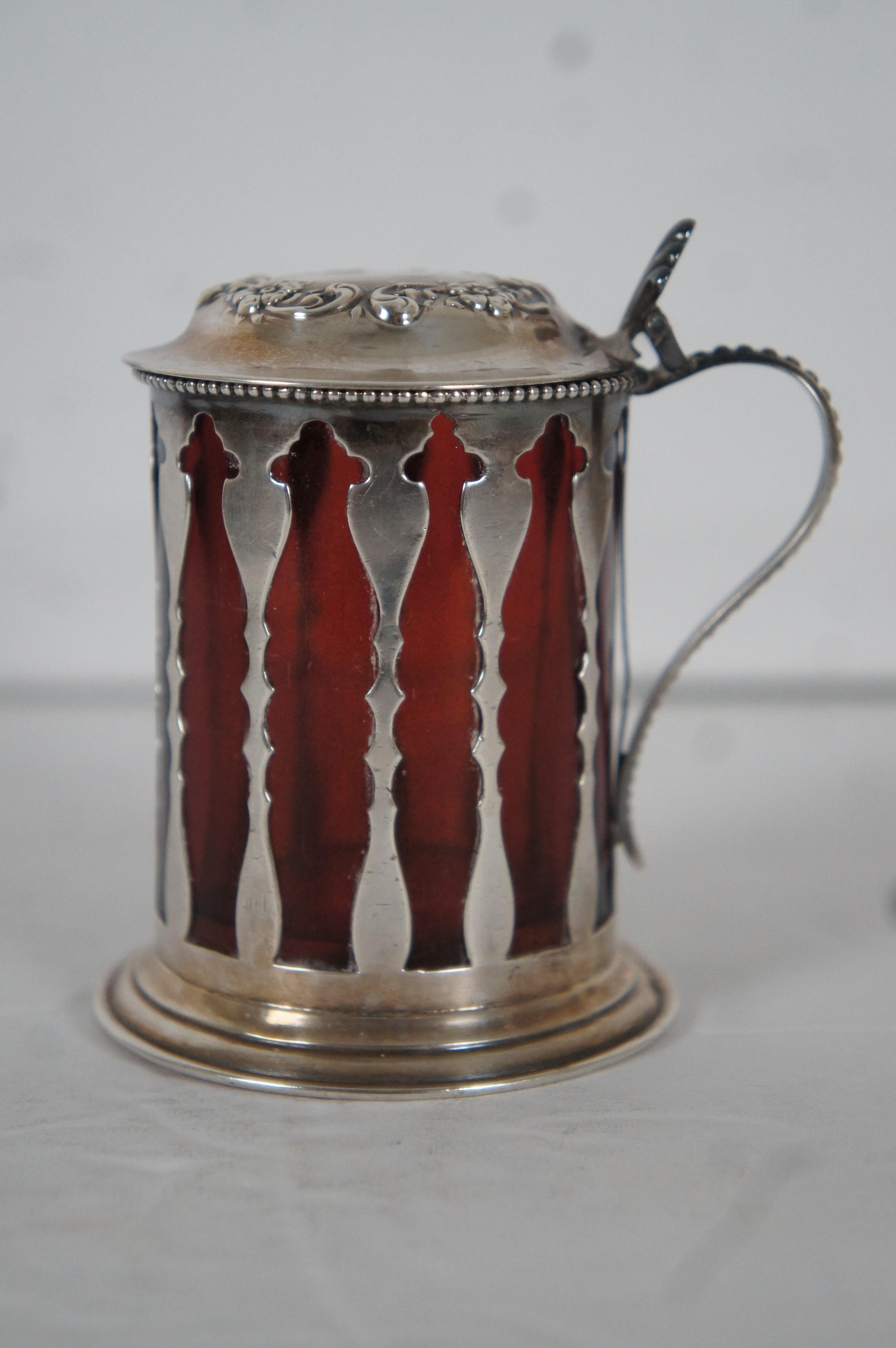 XIXe siècle Ancien pot à condiments et cuillère en argent sterling américain et verre rubis 105 152g en vente