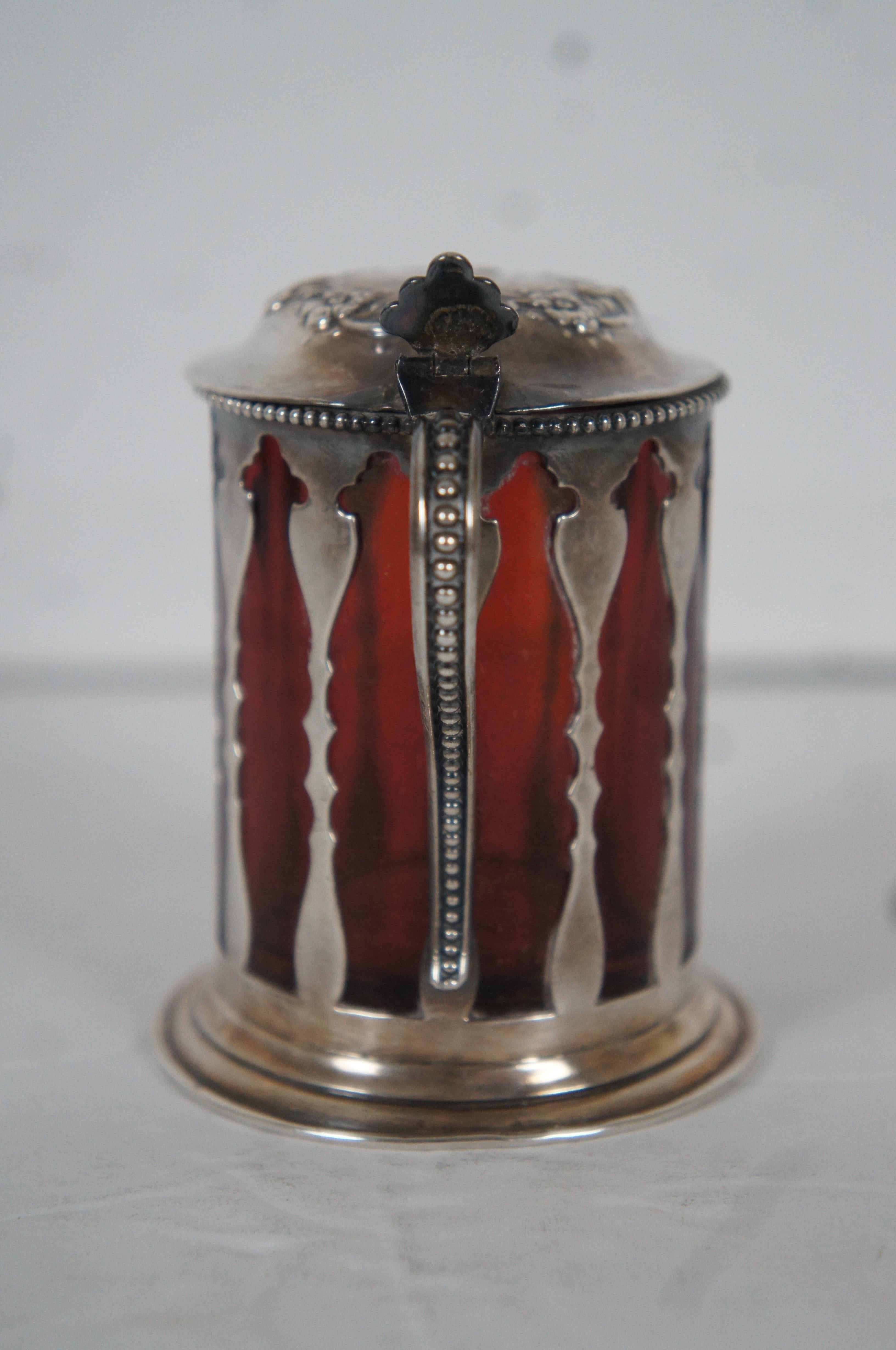 Argent sterling Ancien pot à condiments et cuillère en argent sterling américain et verre rubis 105 152g en vente
