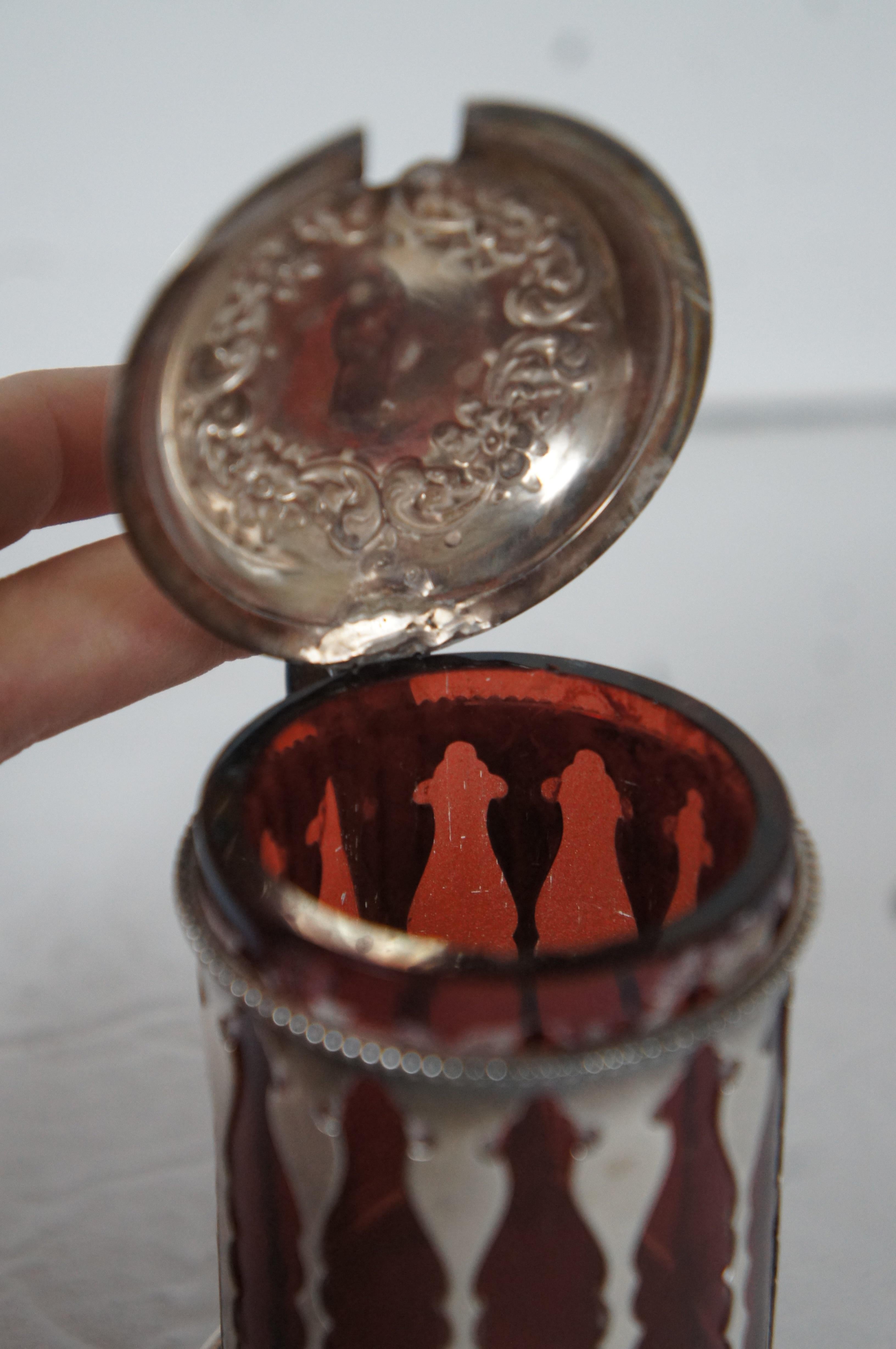 Ancien pot à condiments et cuillère en argent sterling américain et verre rubis 105 152g en vente 1