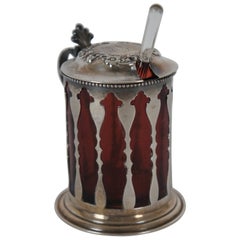 Antico vaso da condimento americano in argento sterling e vetro rubino 105 e cucchiaio 152g