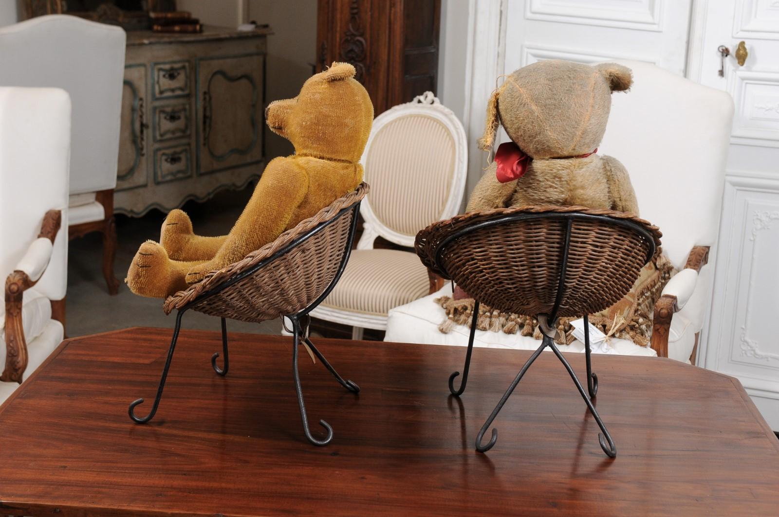 Antique American Teddy Bears with Ribbons Sitting in Wicker Chairs, Priced Each For Sale 3