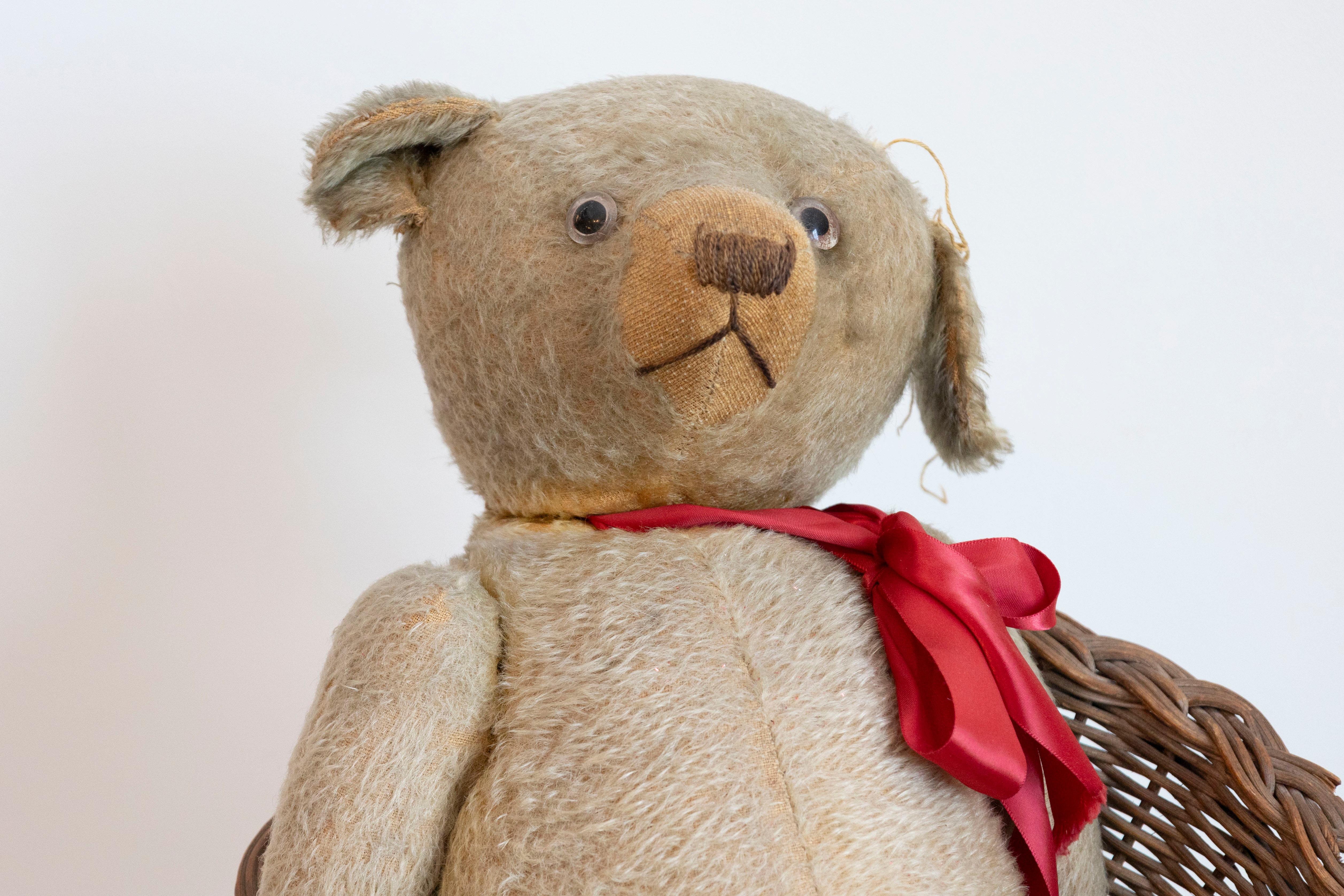 Antique American Teddy Bears with Ribbons Sitting in Wicker Chairs, Priced Each For Sale 6
