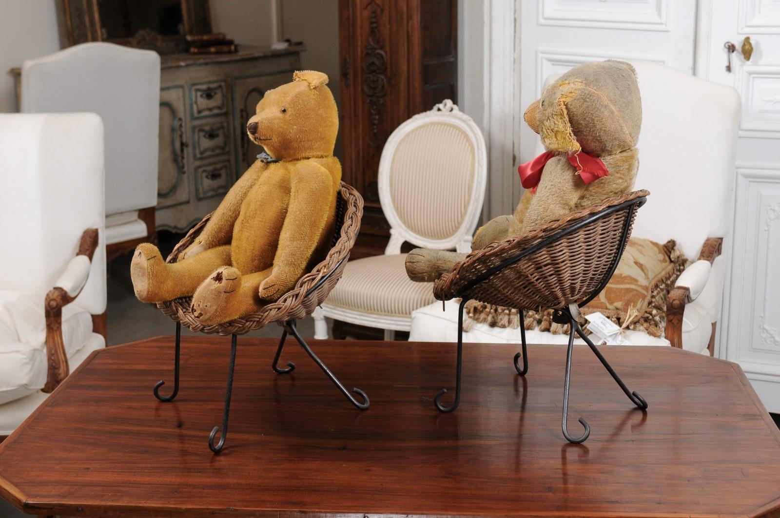 Antique American Teddy Bears with Ribbons Sitting in Wicker Chairs, Priced Each For Sale 4