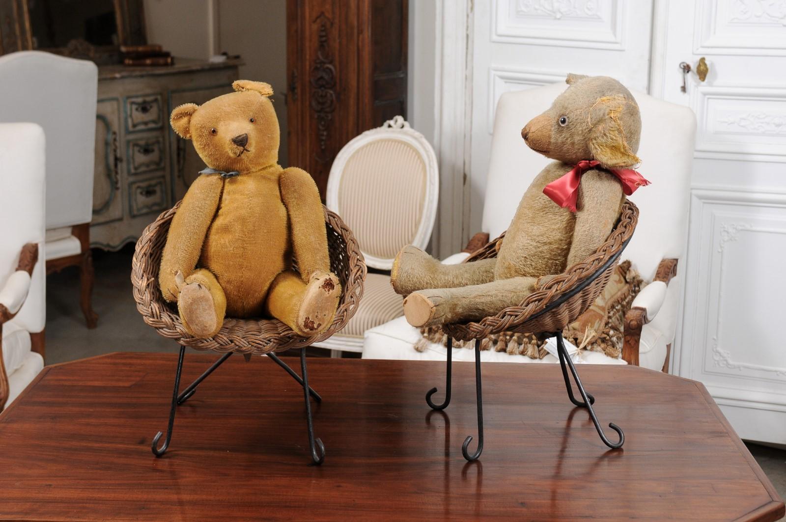 Antique American Teddy Bears with Ribbons Sitting in Wicker Chairs, Priced Each For Sale 5