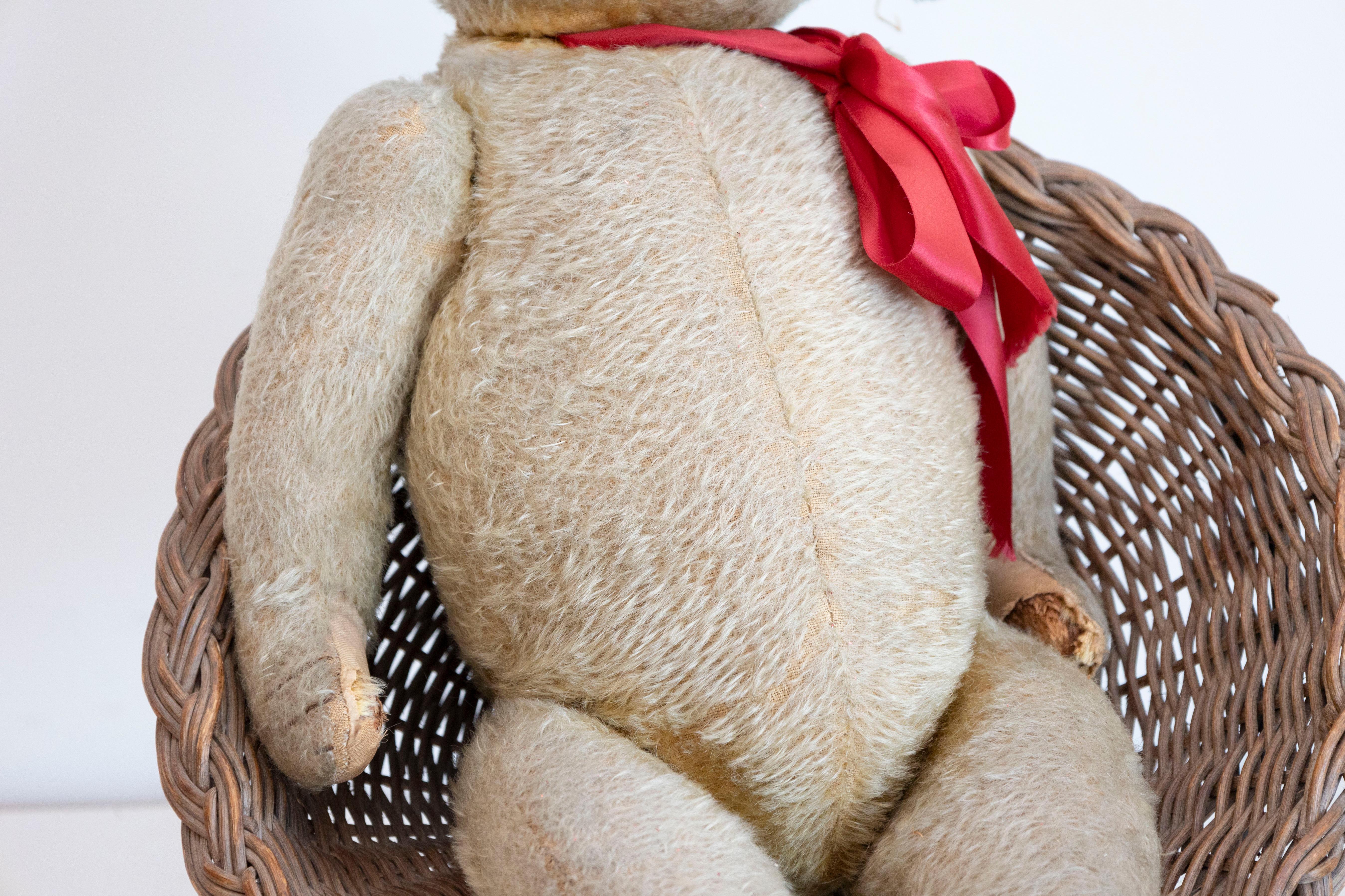 Antique American Teddy Bears with Ribbons Sitting in Wicker Chairs, Priced Each For Sale 8