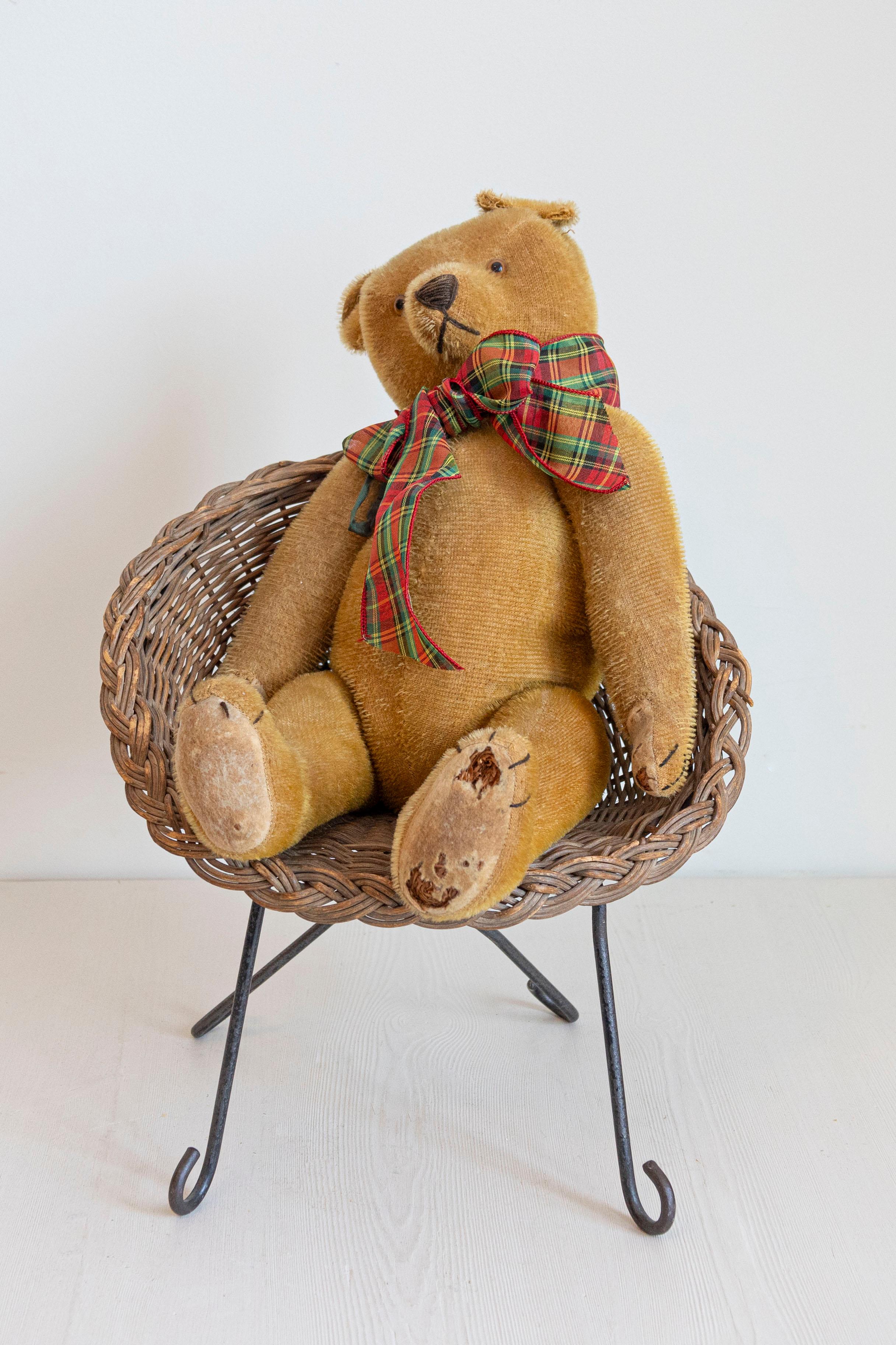 Antique American Teddy Bears with Ribbons Sitting in Wicker Chairs, Priced Each In Good Condition For Sale In Atlanta, GA