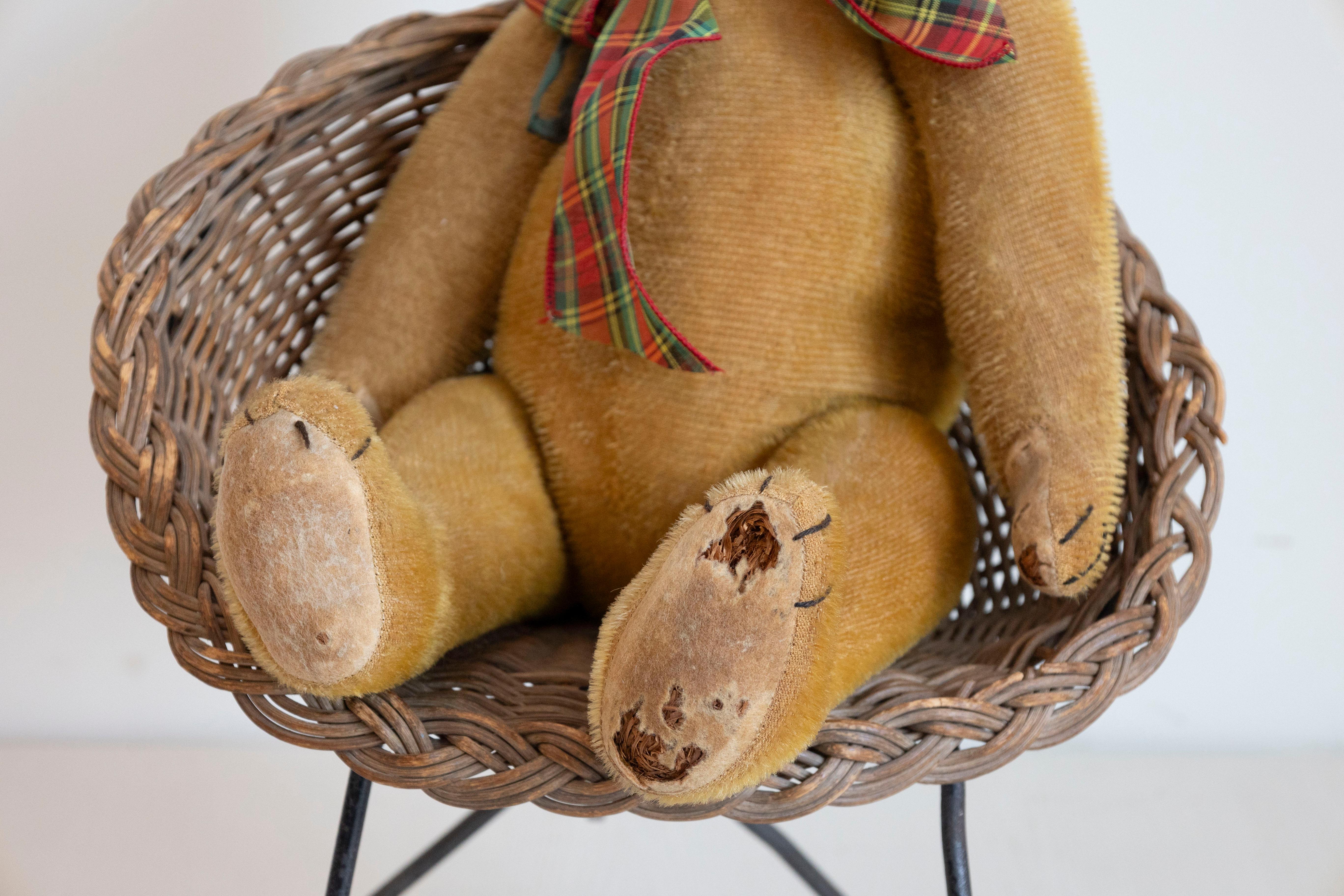 20th Century Antique American Teddy Bears with Ribbons Sitting in Wicker Chairs, Priced Each For Sale