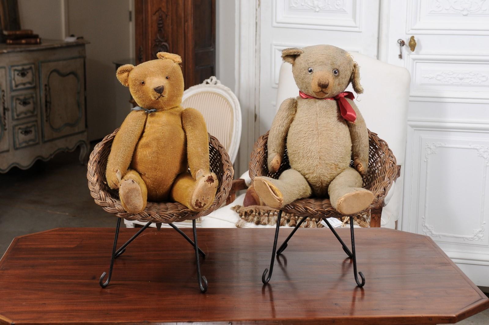 Antique American Teddy Bears with Ribbons Sitting in Wicker Chairs, Priced Each In Good Condition For Sale In Atlanta, GA