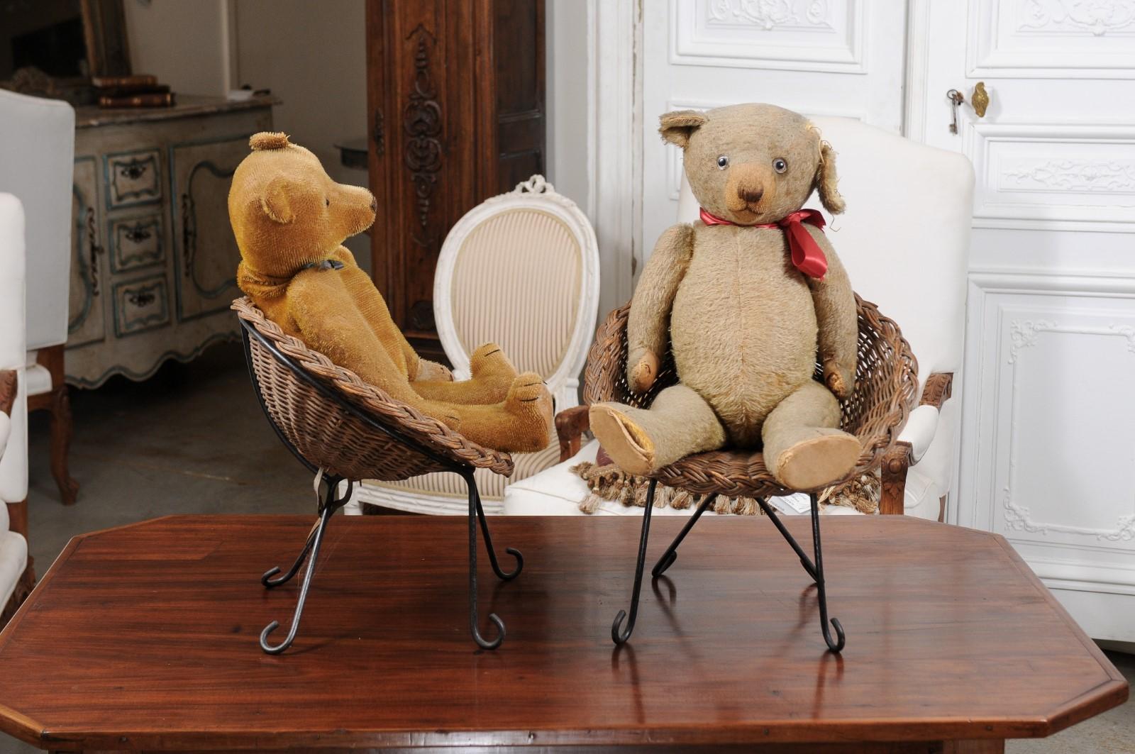 20th Century Antique American Teddy Bears with Ribbons Sitting in Wicker Chairs, Priced Each For Sale