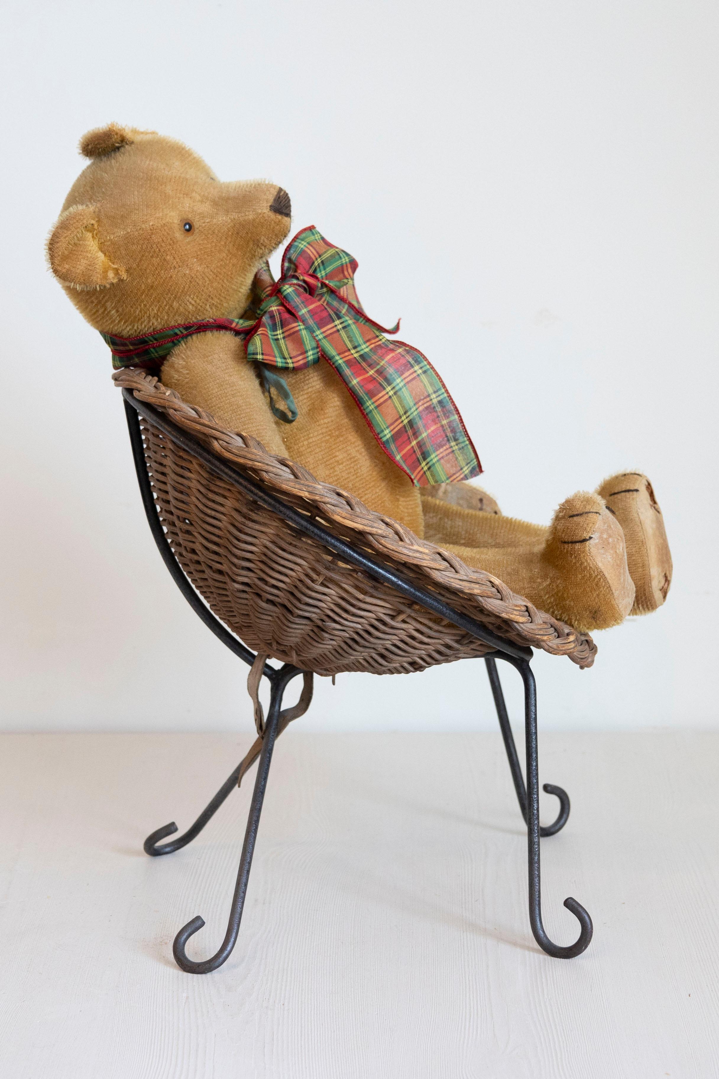 Antique American Teddy Bears with Ribbons Sitting in Wicker Chairs, Priced Each For Sale 2
