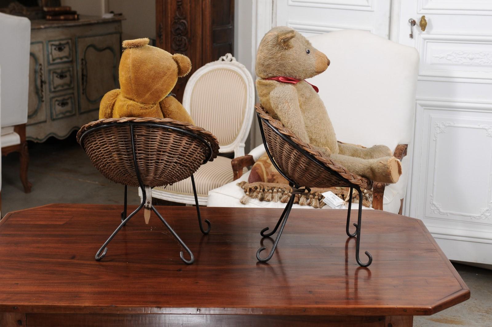 Antique American Teddy Bears with Ribbons Sitting in Wicker Chairs, Priced Each For Sale 1