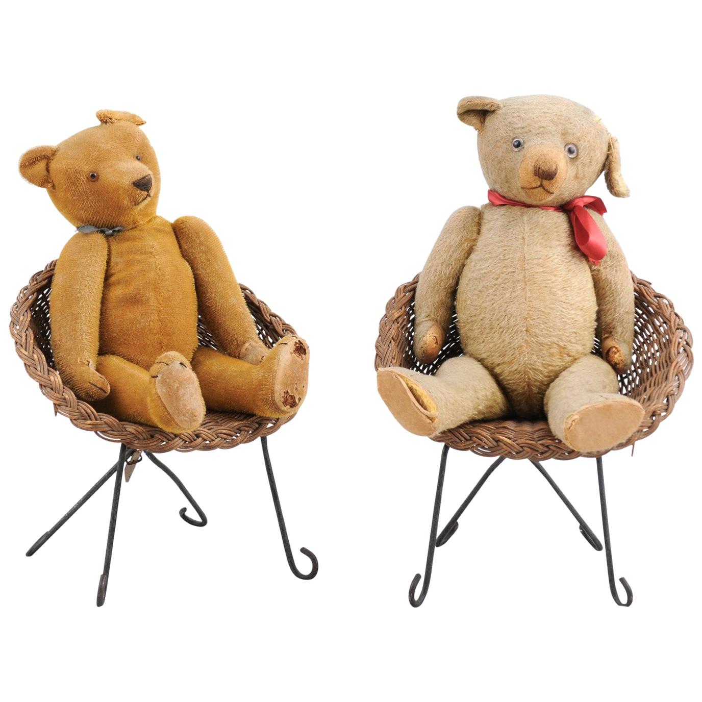 Antike amerikanische Teddybären mit Bändern in Korbweide-Stühlen, Preis pro Stück