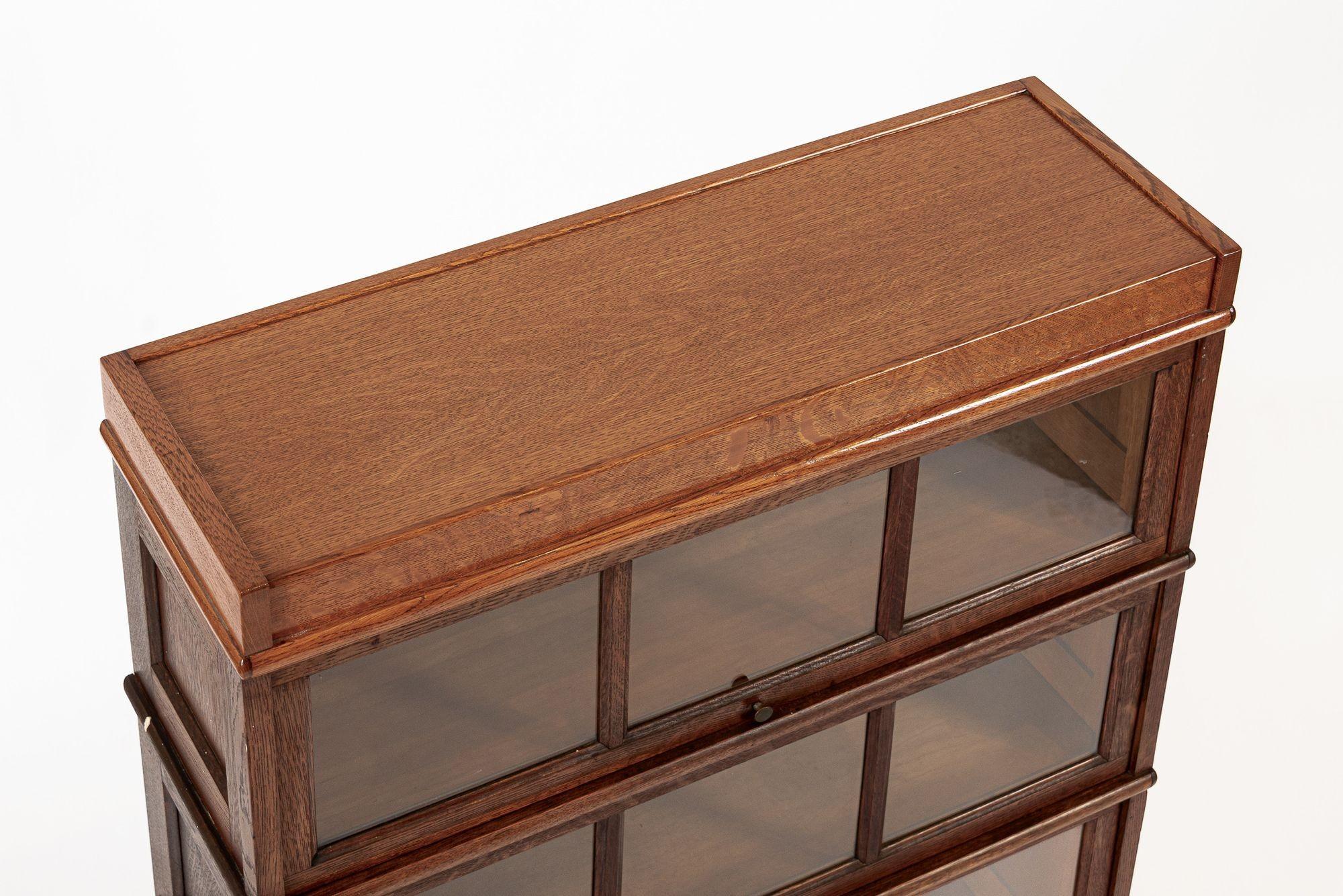 Glass Antique American Three Shelf Barrister Bookcase Cabinet in Tiger Oak