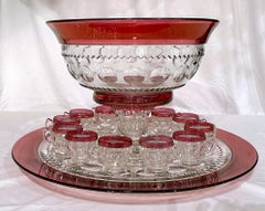 Antique American Tiffin Cranberry Glass 14 Piece Punch Bowl Service, Circa 1940.
