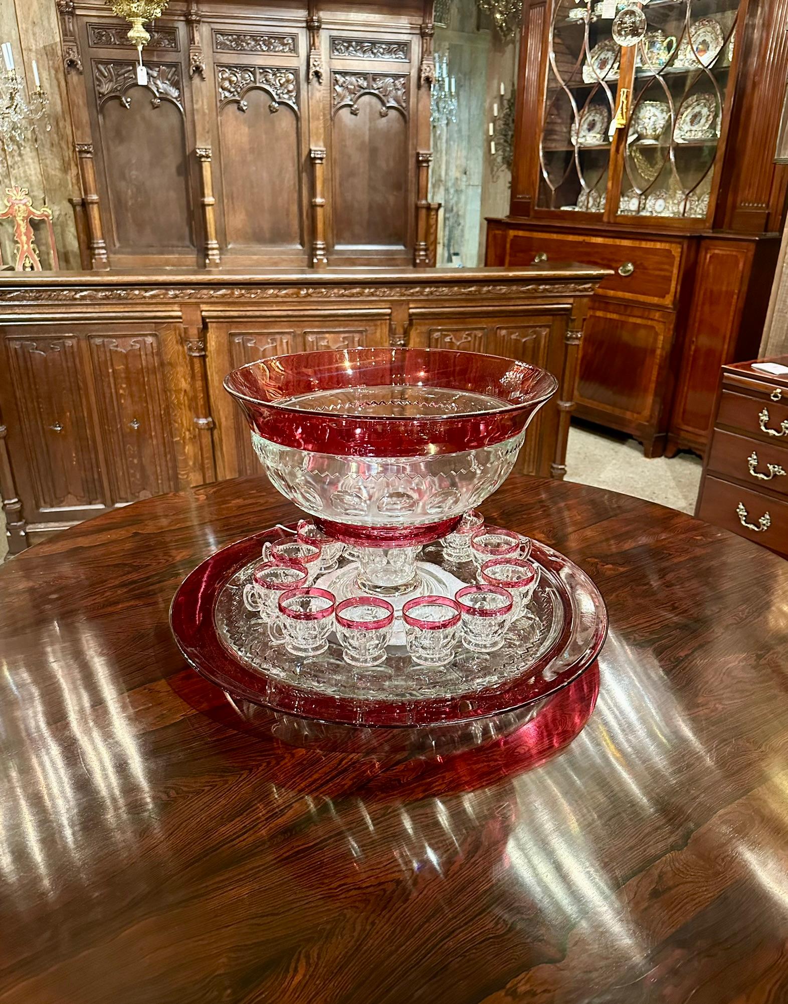 Antique American Tiffin Cranberry Glass 14 Piece Punch Bowl Service, Circa 1940. For Sale 4