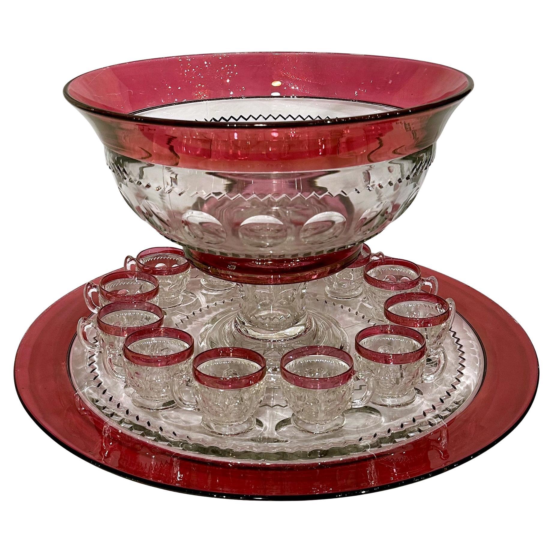 Antique American Tiffin Cranberry Glass 14 Piece Punch Bowl Service, Circa 1940. For Sale