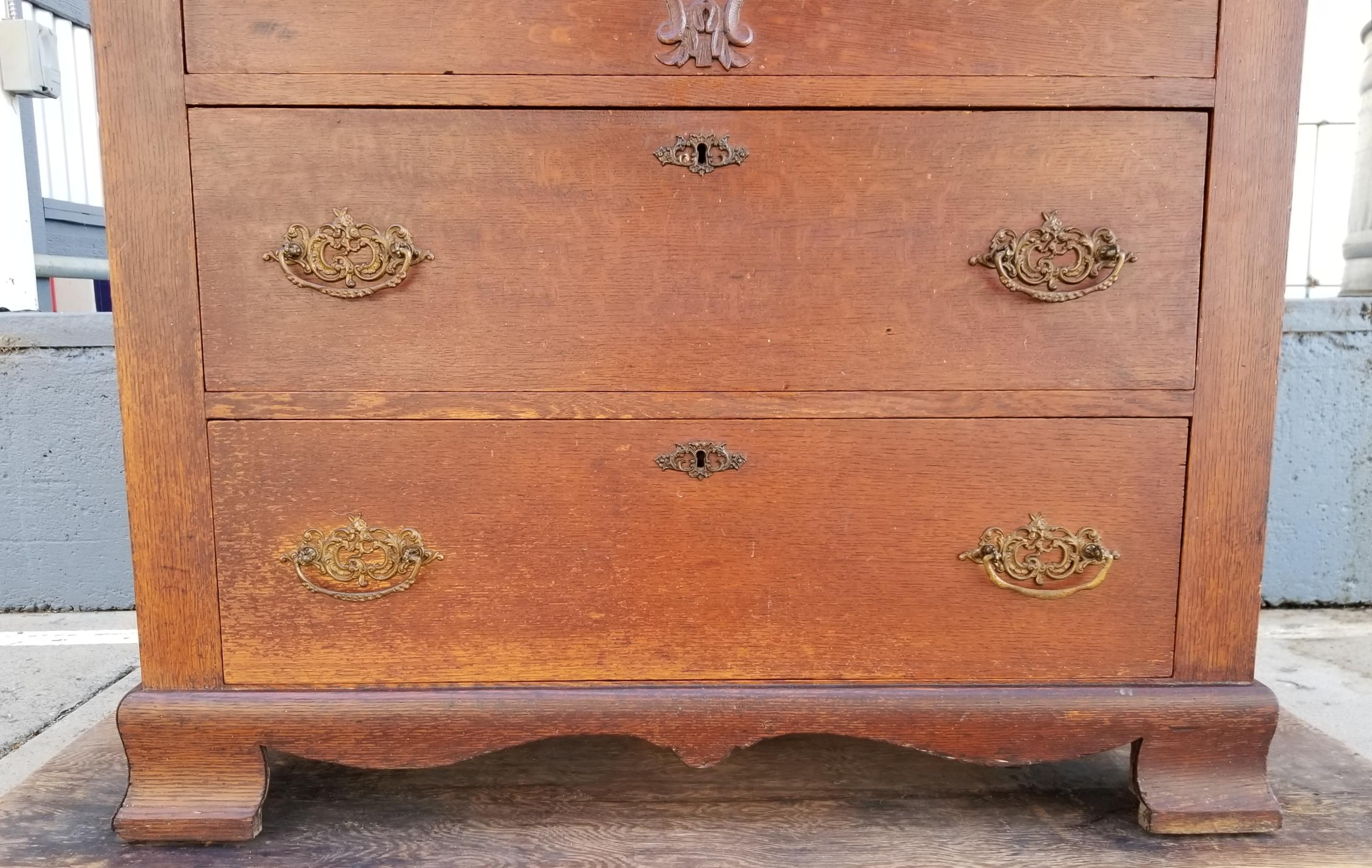 Brass Antique American Tiger Oak Highboy Dresser